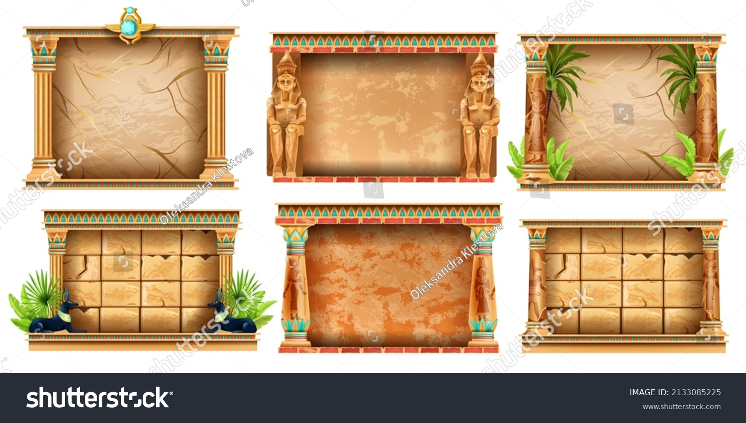 SVG of Egypt game frame vector set, stone ancient UI background kit, Egyptian clay pillar, pharaoh statue. Texture menu panel, old civilization architecture object, temple column. Egypt frame, Anubis svg