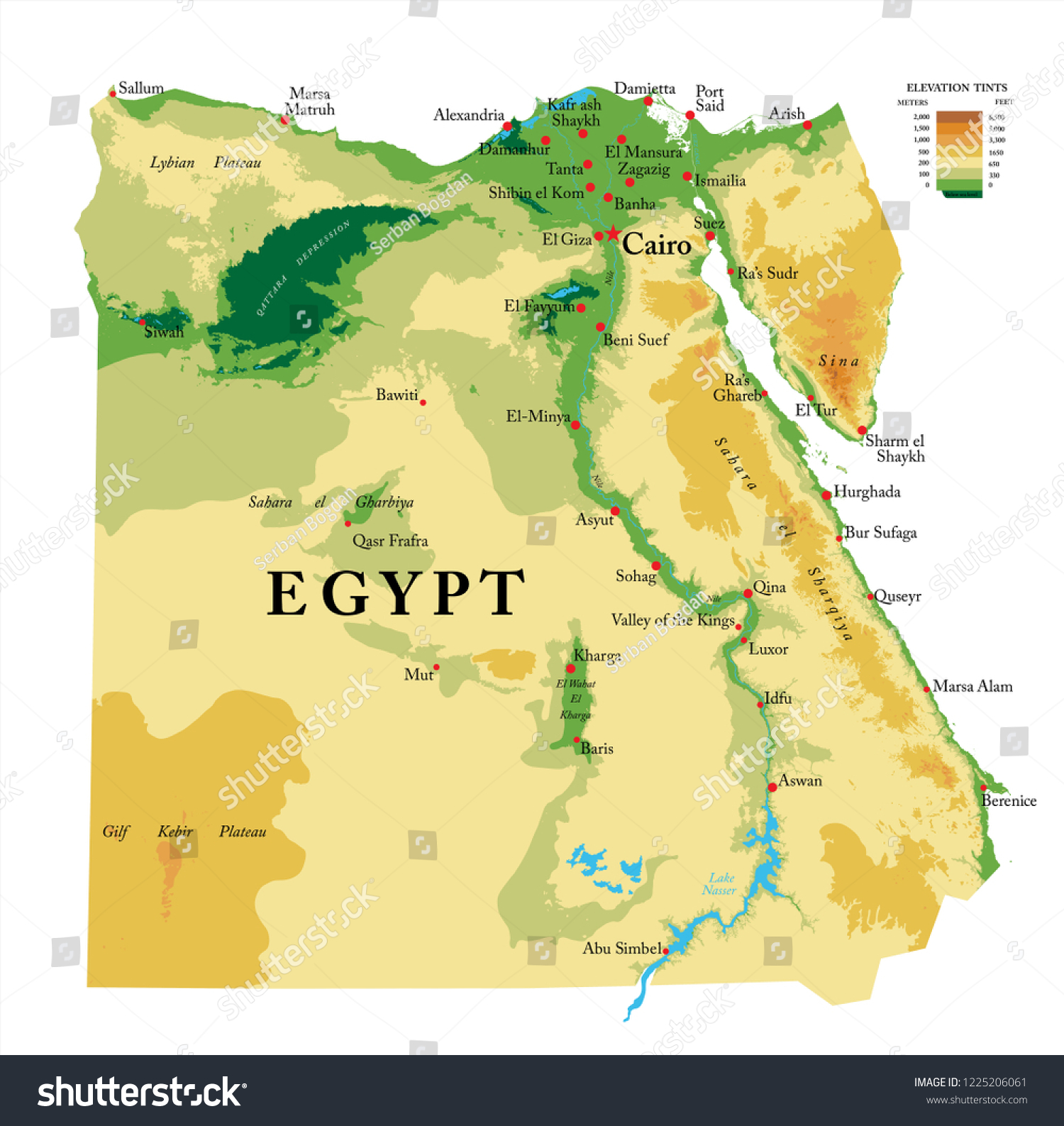 Physical Map Of Egypt Egypt Physical Map Stock Vector (Royalty Free) 1225206061