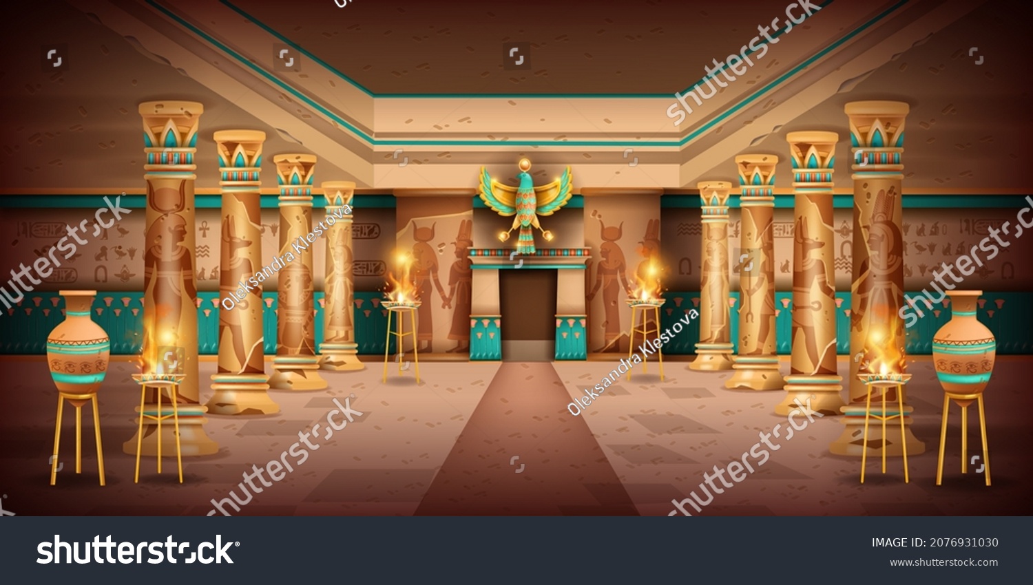 SVG of Egypt temple game background, vector ancient pharaoh pyramid tomb interior, old stone column, vase. History religion palace room, god silhouette, wall hieroglyphs. Egypt temple hall, colonnade, fire svg