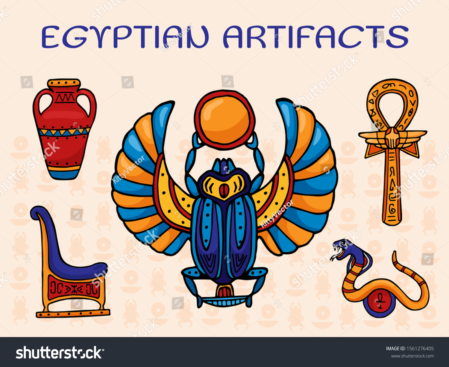 Egyptian Archaeological Artifacts Vector Illustration Set Stock Vector