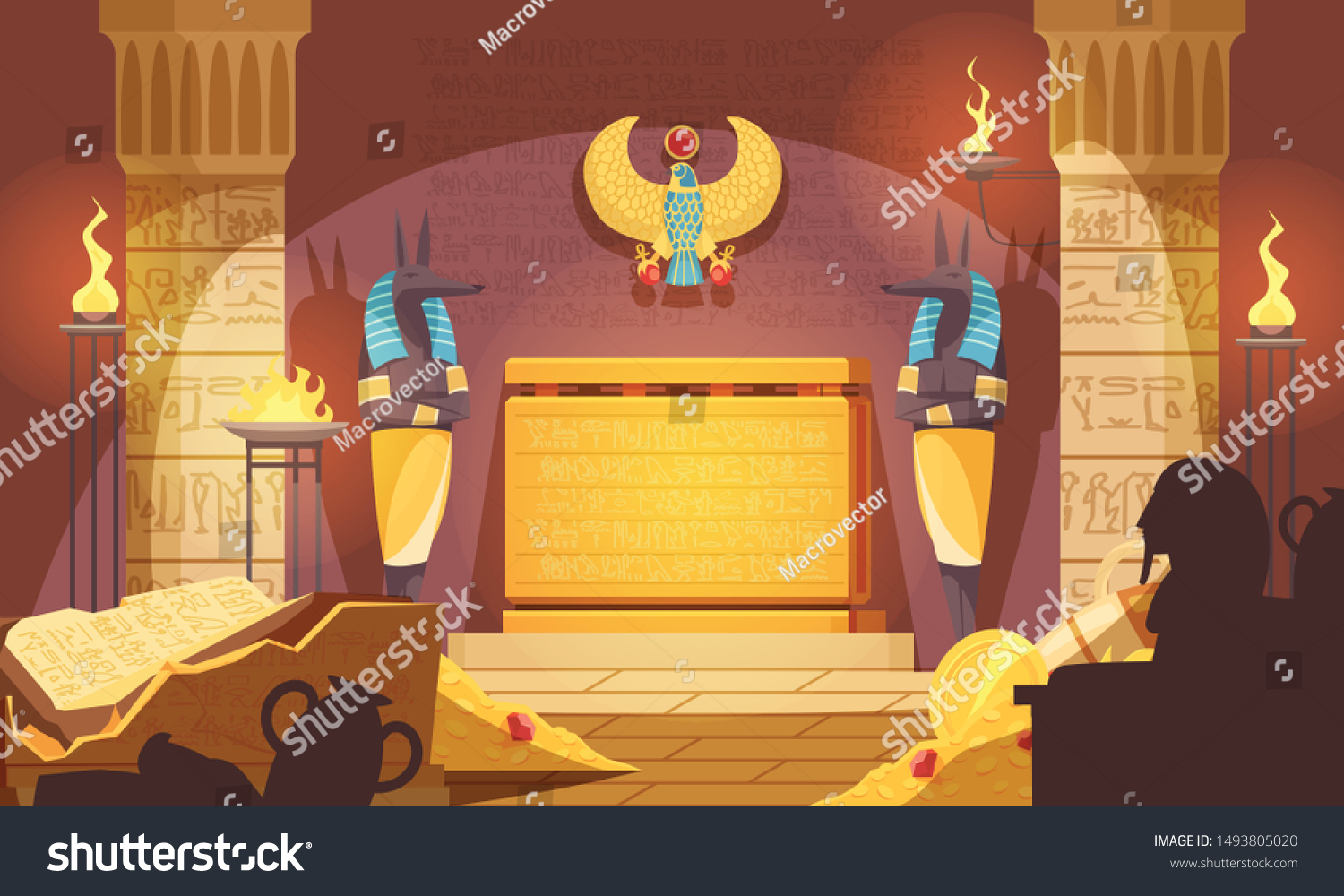 SVG of Egyptian burial chamber with god of death mummification figure guarding tomb food offerings dark silhouettes vector illustration  svg