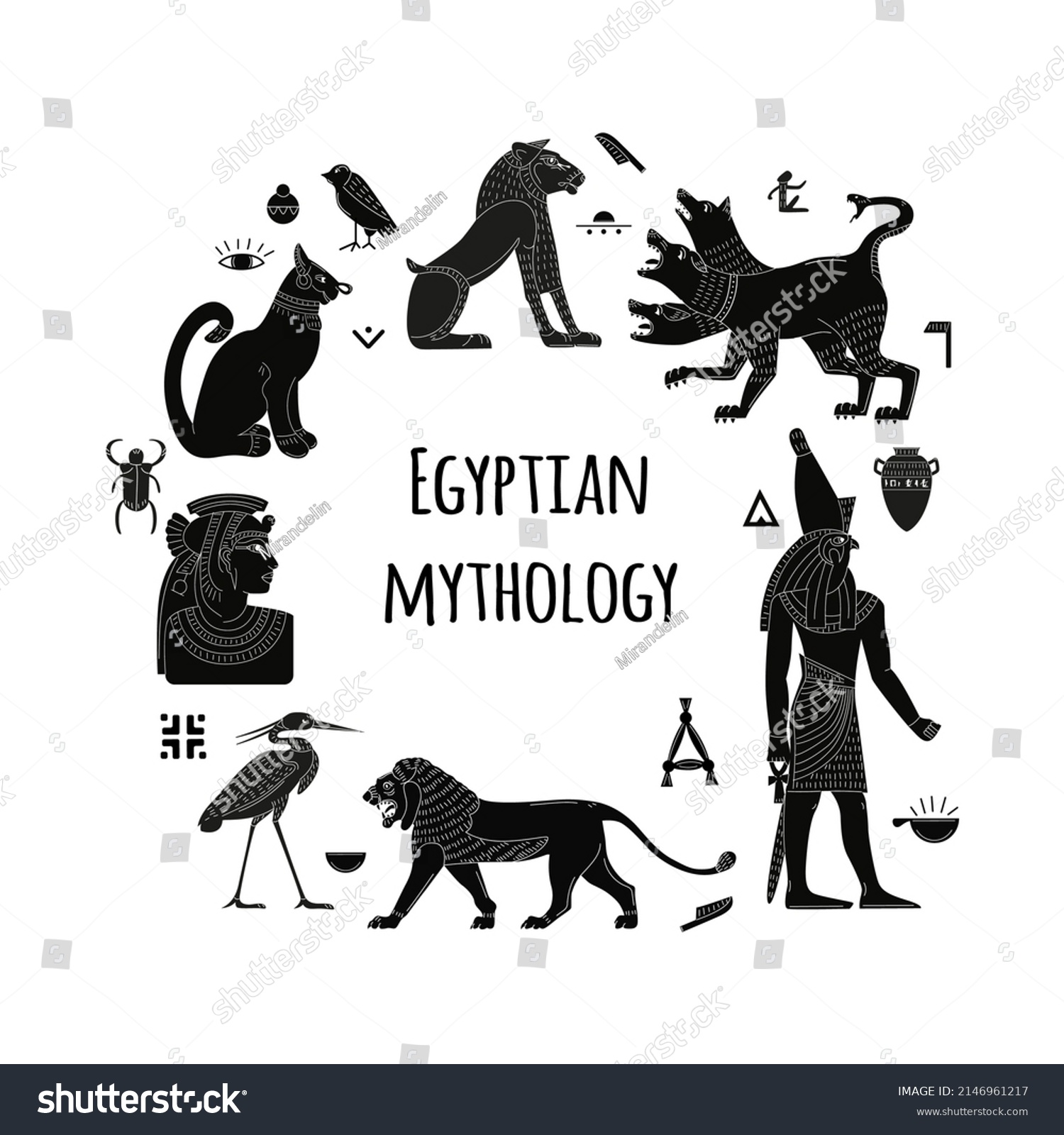 SVG of Egyptian mythological animals. Ancient gods and creatures. Lion, Cerberus, Egyptian writing and symbols. A set of flat elements. svg