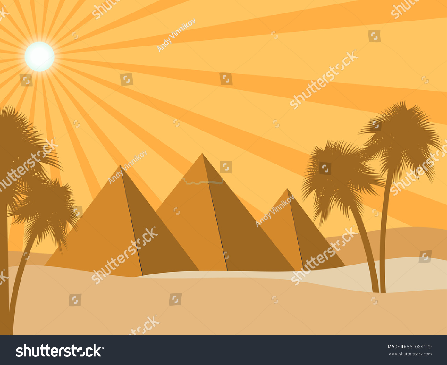 Egyptian Pyramids Desert Sun Rays Palms Vector De Stock Libre De Regalías 580084129