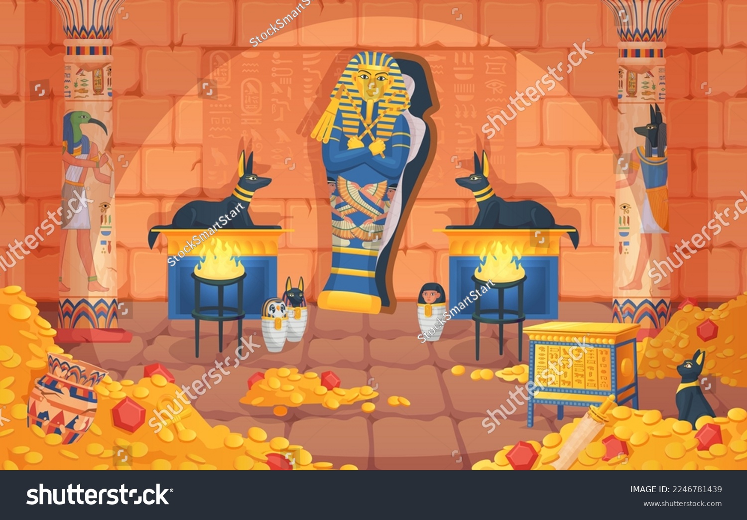SVG of Egyptian tomb. Egypt tombs, underground palace inside pyramid, pharaoh sarcophagus afterlife coffin, gold treasure chamber game background ingenious vector illustration of egyptian tomb civilization svg