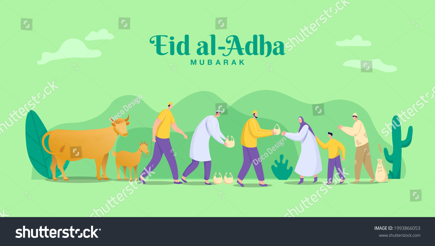 SVG of Eid al Adha mubarak greeting concept. illustration of sharing the meat of the sacrificial animal that has been cut svg