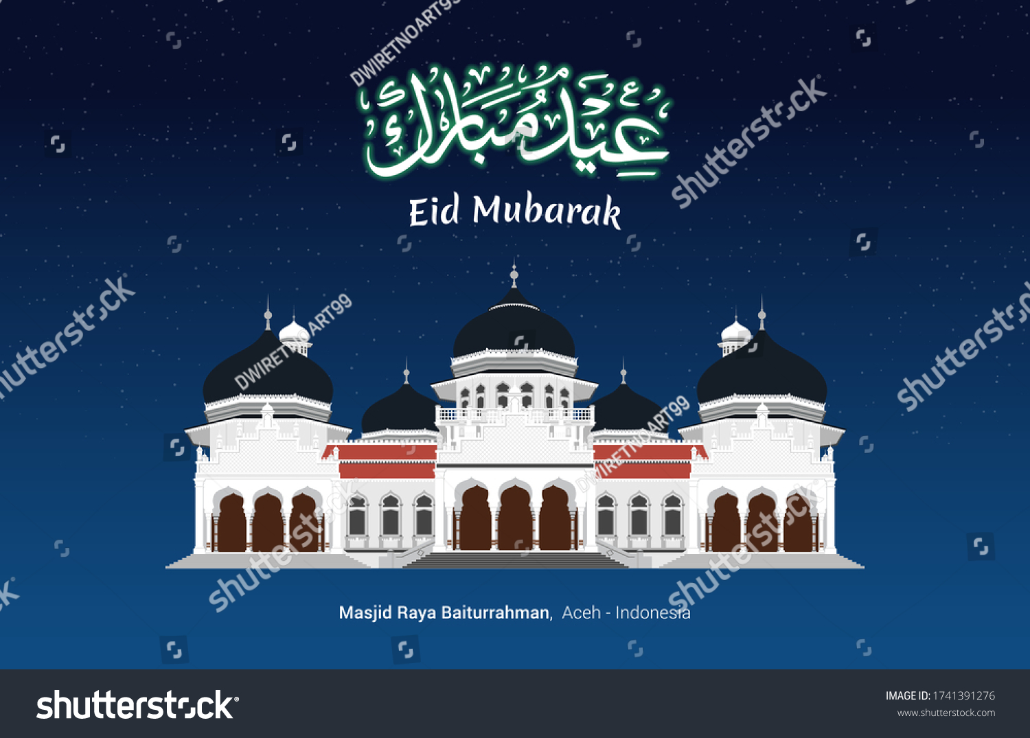 SVG of Eid Mubarak greeting with Arabic calligraphy and Baiturrahman Grand Mosque, Banda Aceh, Indonesia. svg
