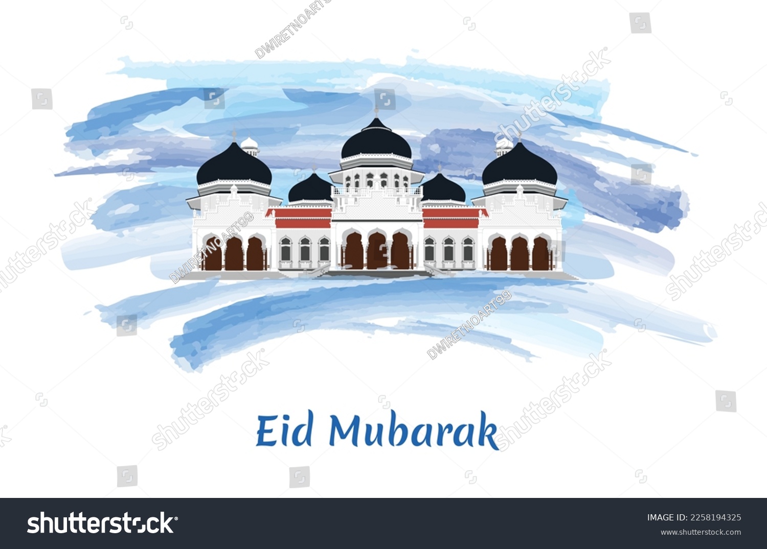 SVG of Eid Mubarak Greeting with Masjid Raya Baiturrahman Nanggroe Aceh Darussalam Vector illustration, Isolated on Blue Artistic Watercolor Painting Brush Background. svg