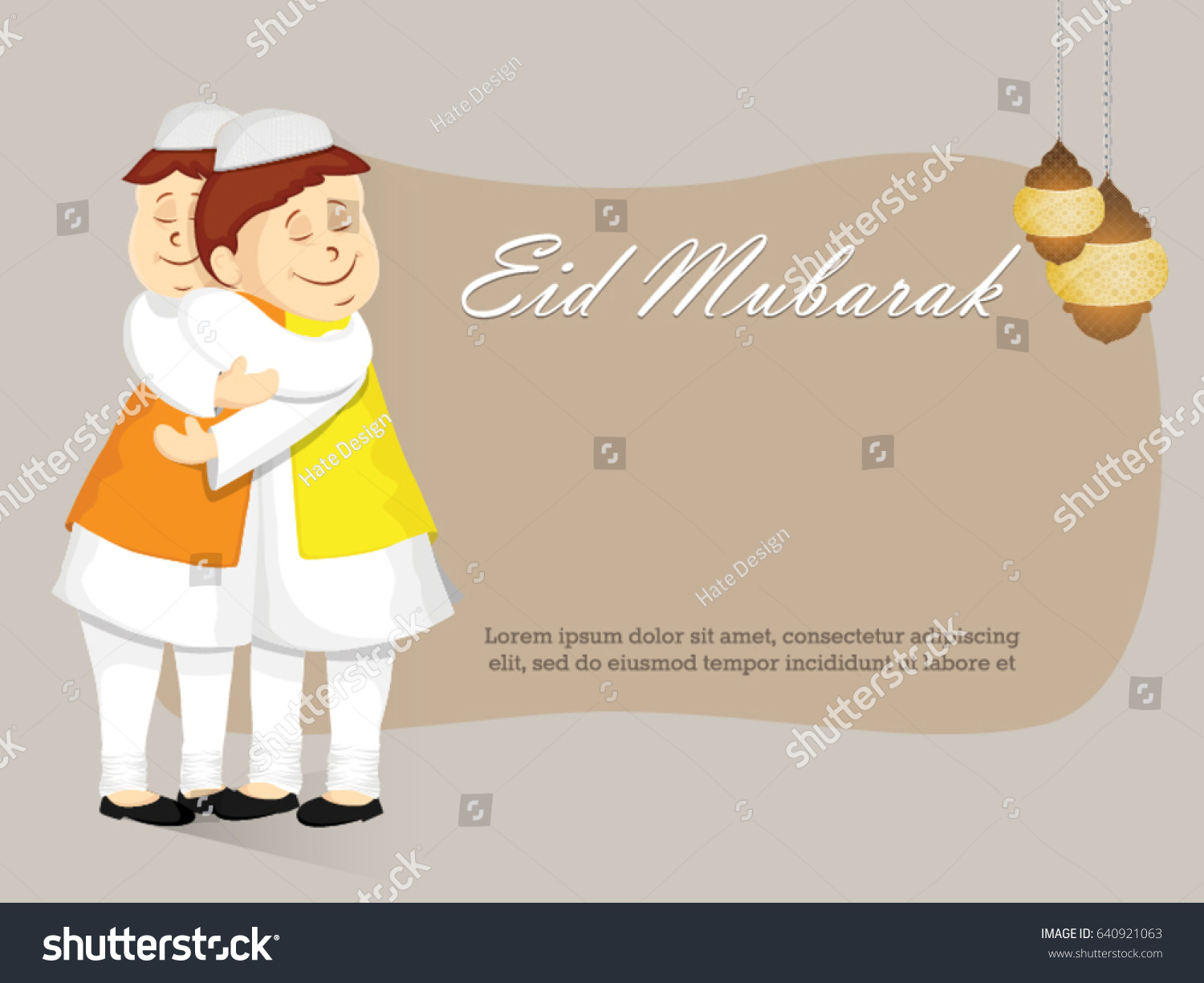 Eid Mubarak Vector Background with Happy Muslim Kids Hugging and Wishing for Islamic festival for banner