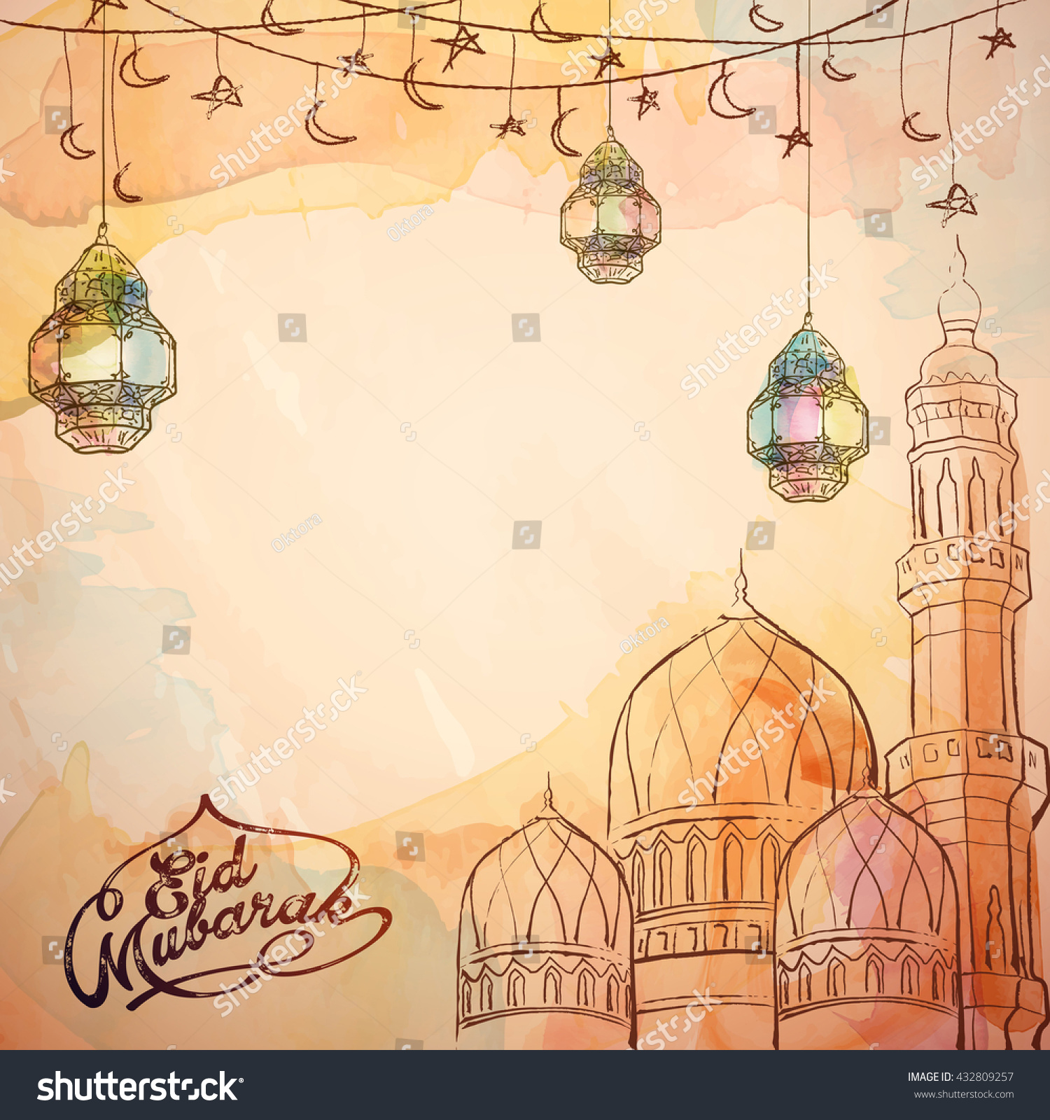 Eid Mubarak Vector Sketch Lantern Mosque Stock Vector 