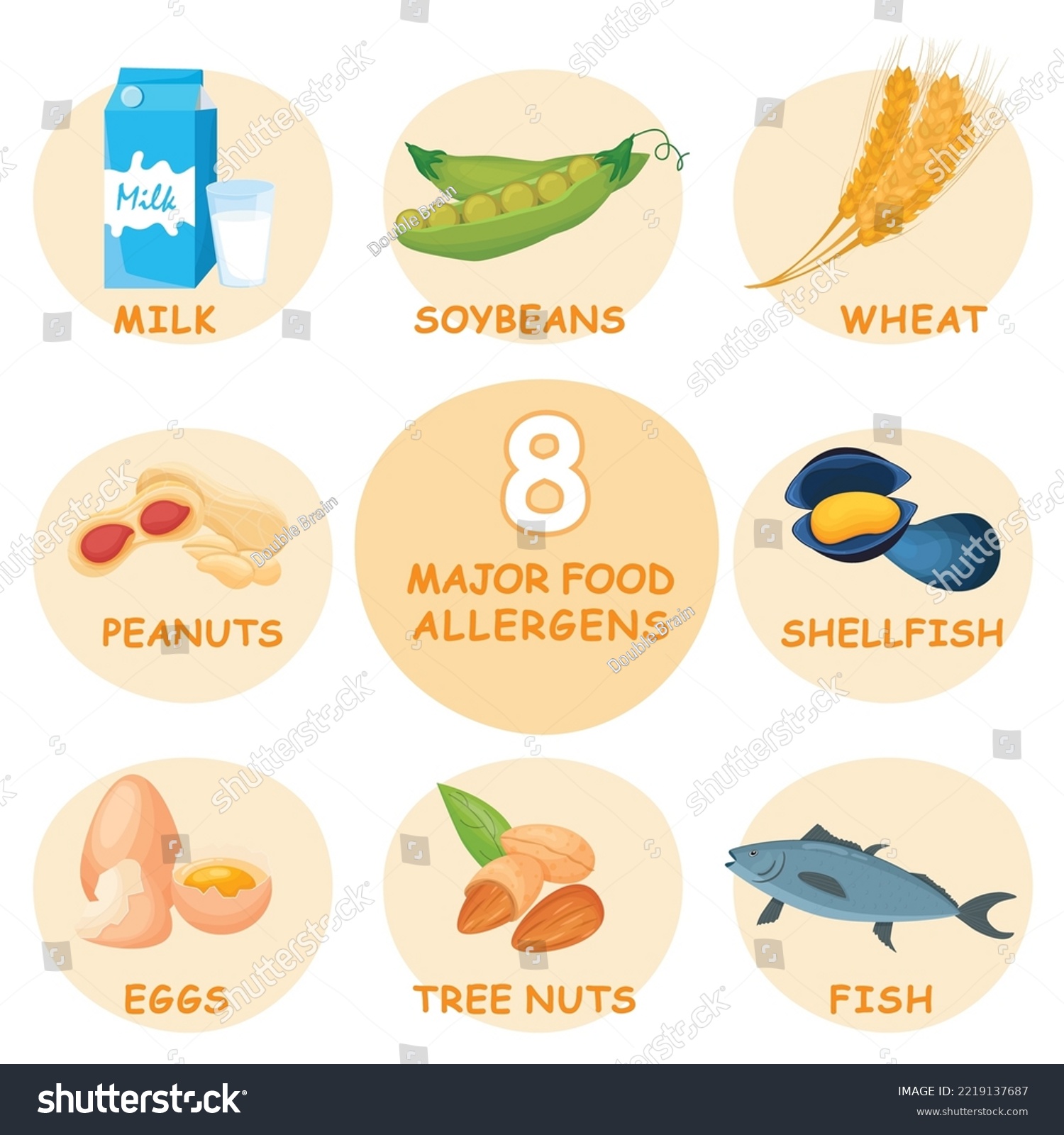 SVG of Eight major food allergens. Allergy set. Allergies caused by certain foods. Abnormal body response. Creative icons in cartoon style. Editable vector illustration isolated on a transparent background. svg