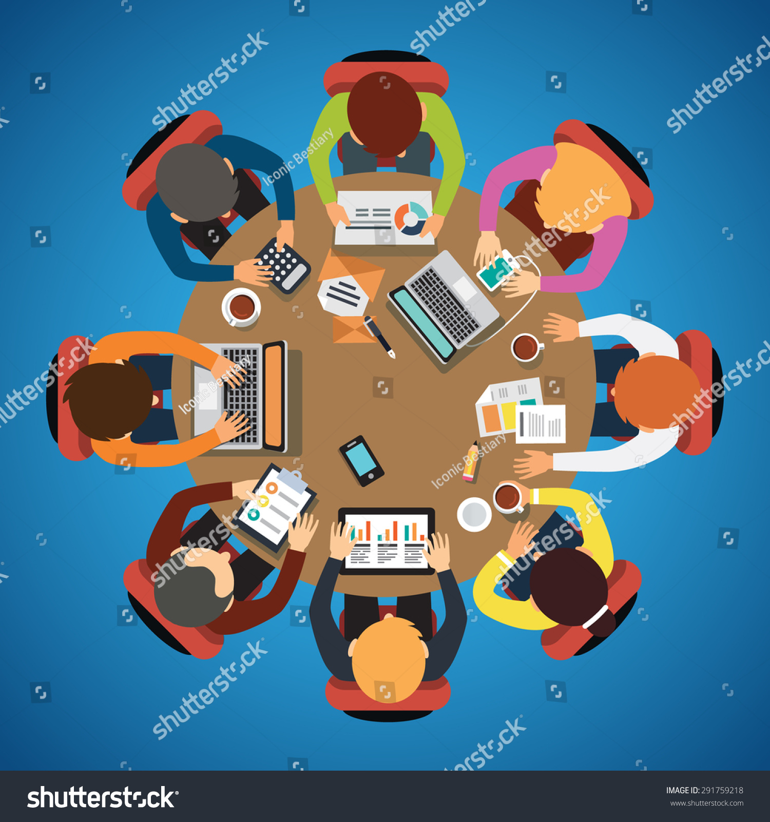 Eight People Team Sitting And Working Together At The Round Table ...