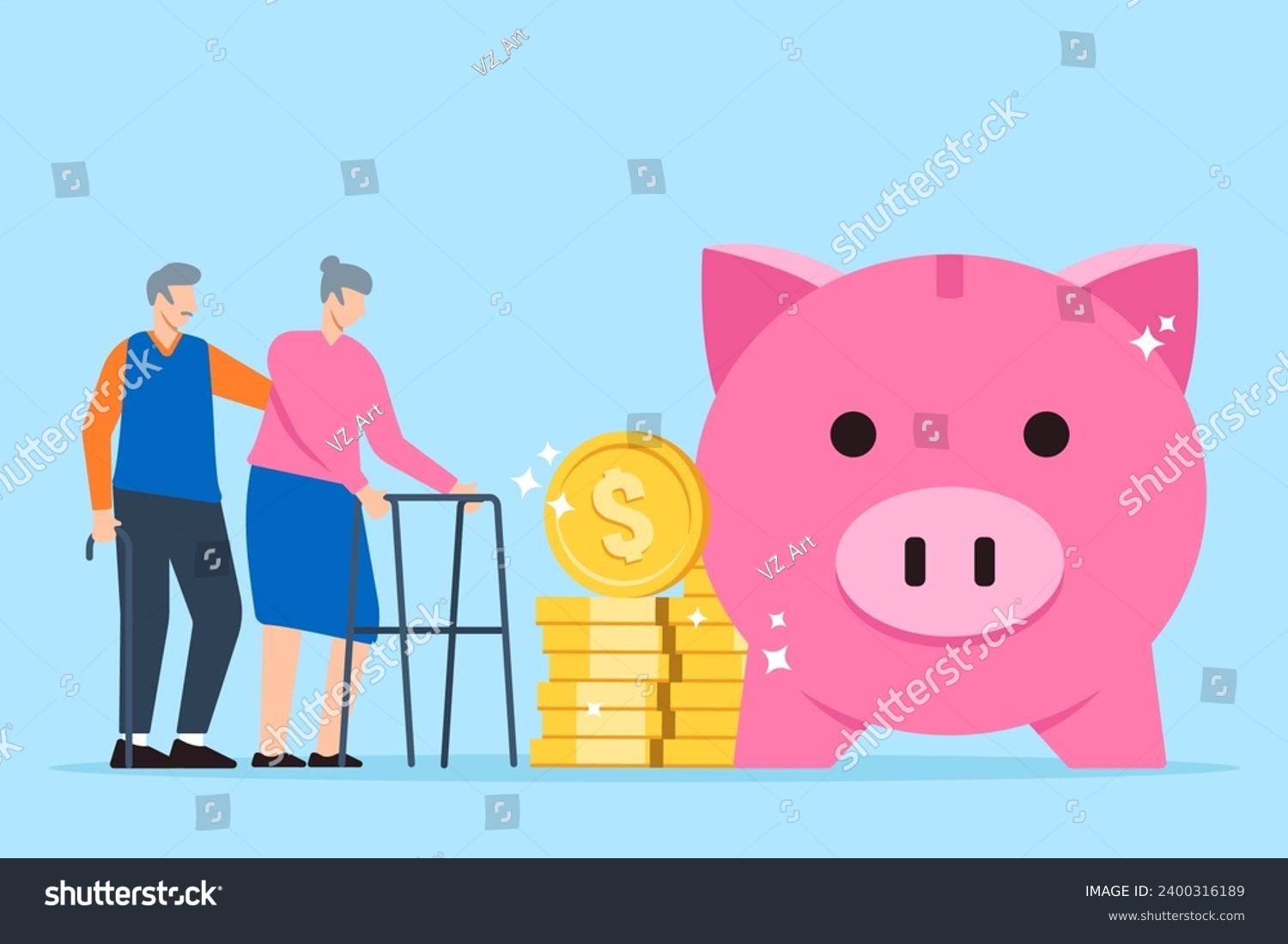 SVG of Elderly couple stands with stack dollar coins and pink piggy bank in flat design svg
