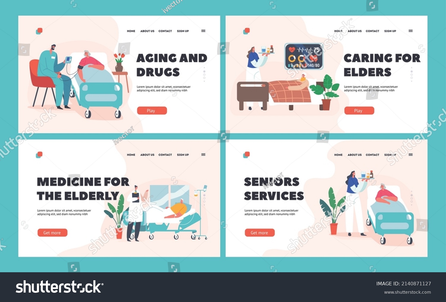 SVG of Elderly People Hospitalization Landing Page Template Set. Senior Diseased Male Female Characters Lying in Bed at Clinic Chamber with Doctors or Nurses Care and Treatment. Cartoon Vector Illustration svg