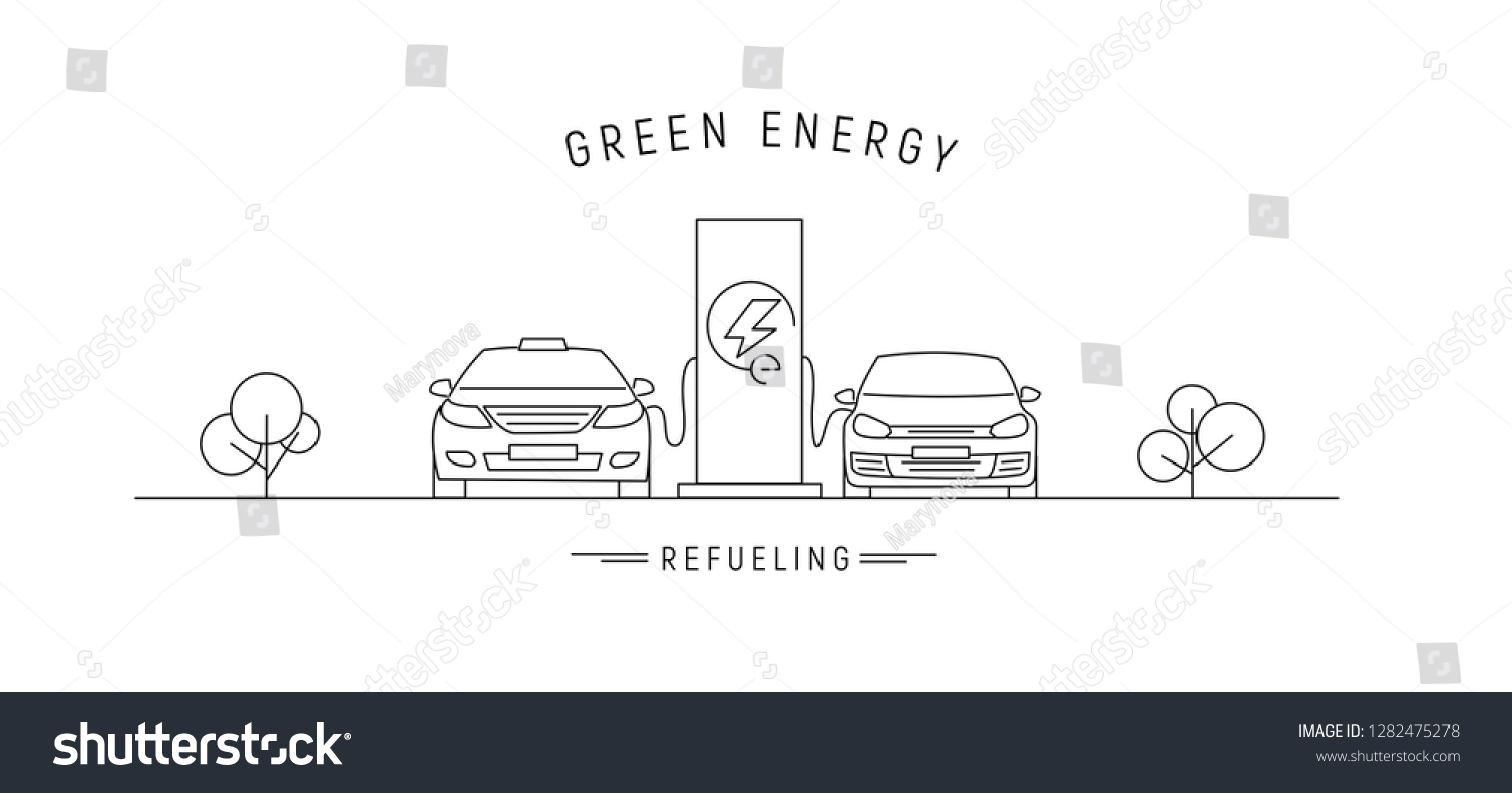 SVG of electric charge station with electric cars, linear illustration with green energy text svg