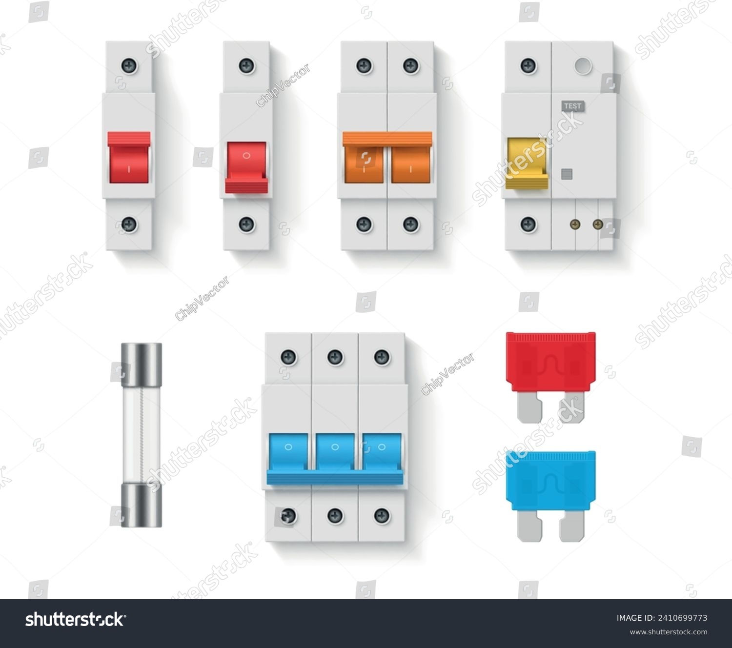 SVG of Electric fuse switch buttons components electrical protection set realistic vector illustration. Electricity control panel energy circuit system voltage automatic technology industrial power breaker svg