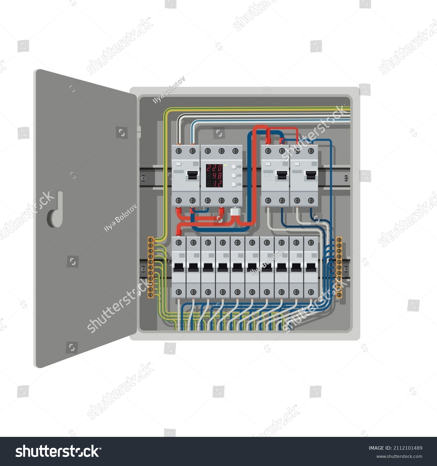 SVG of Electrical circuit breakers are installed in the electrical control panel. Wires are connected to residual current circuit breakers and voltage monitoring relay. svg