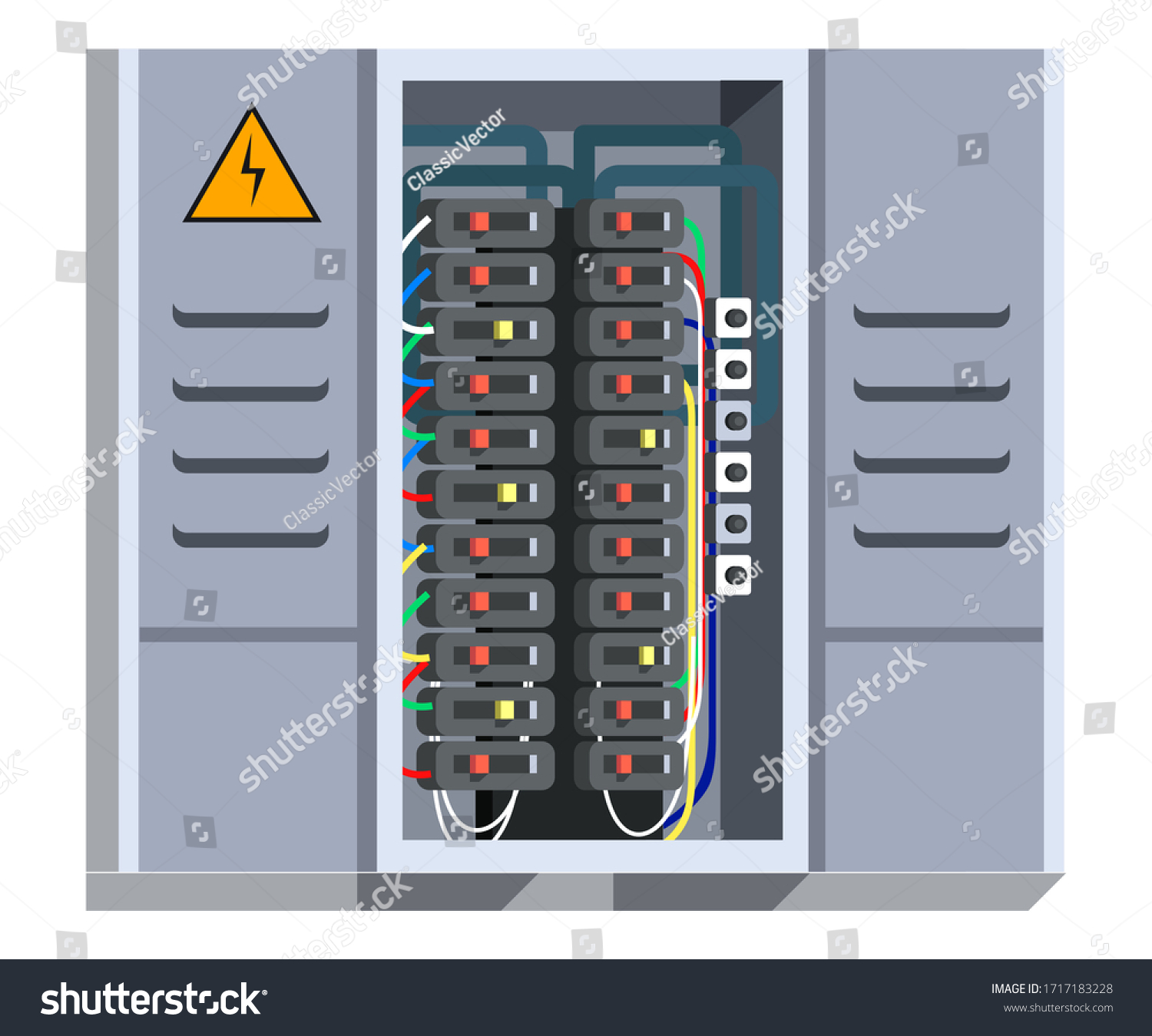 SVG of Electrical panel with switcher, fuse, contactor, wire, automatic circuit breaker isolated on white background. Stainless steel switchboard box. Wiring maintenance repair service. Power distribution svg