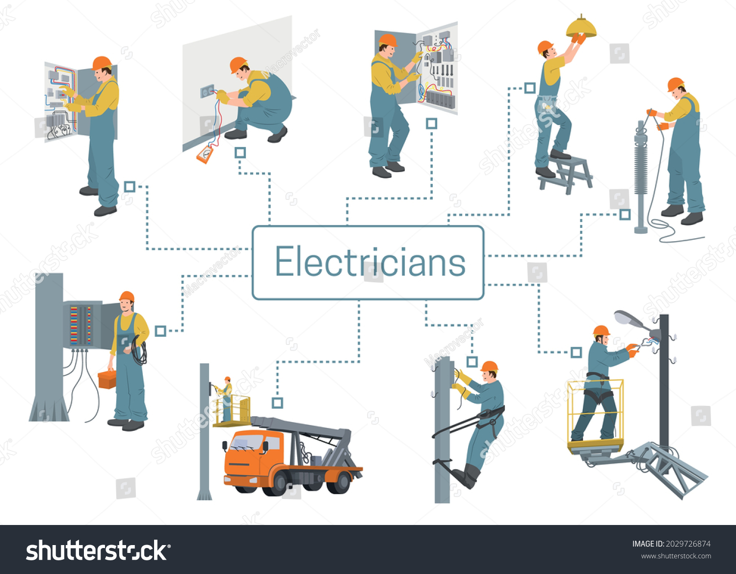 SVG of Electricians infographics layout demonstrated technicians working with breaker fuse box electric switchboard and street lighting devices vector illustration svg