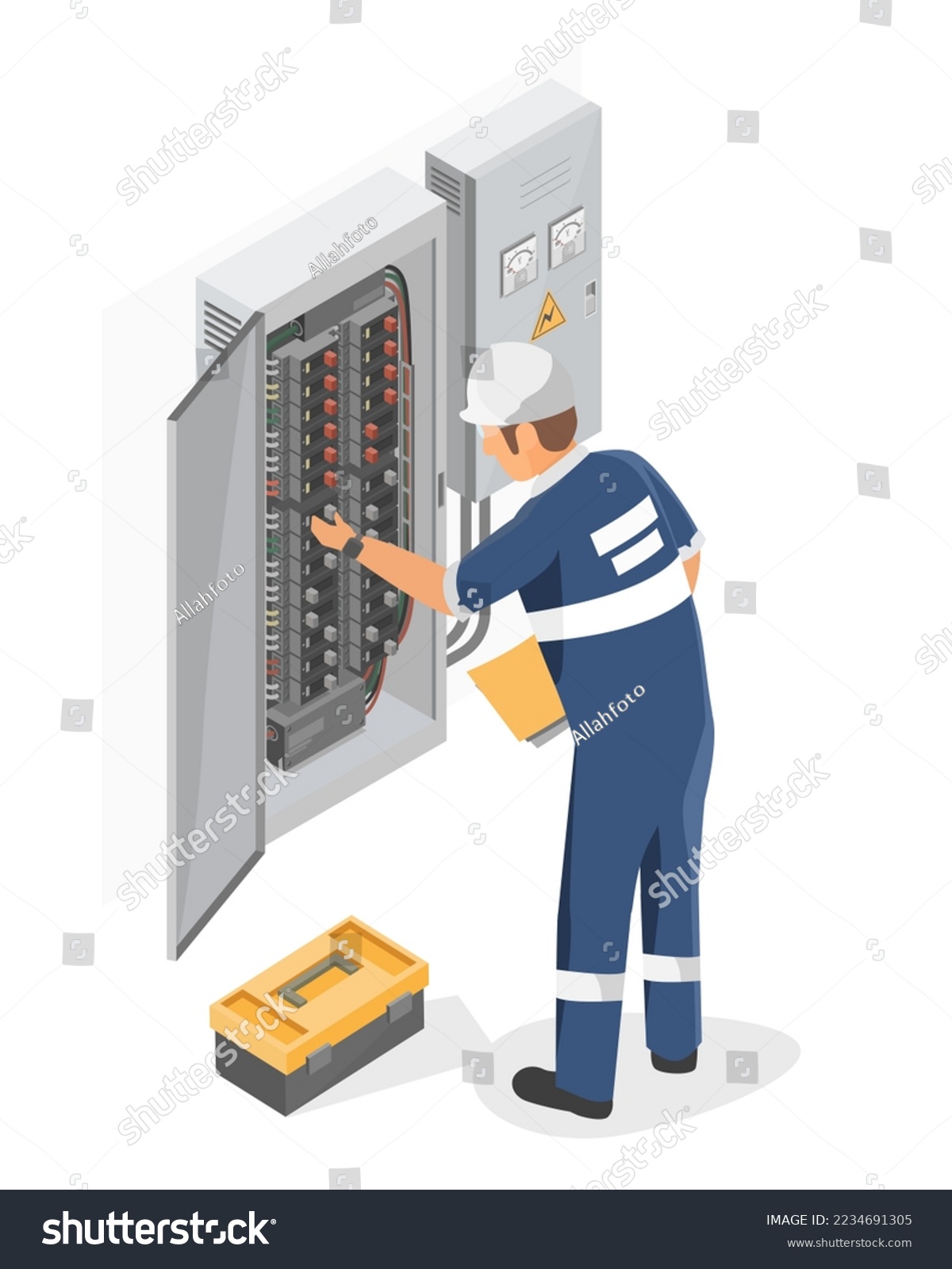 SVG of electricity box power technicians engineering checking service maintenance isometric isolated vector svg
