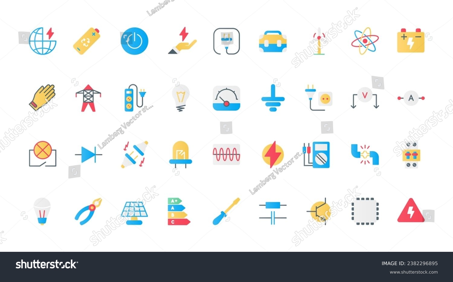 SVG of Electricity, electric circuit symbols flat icons set vector illustration. Voltage power flat and lightning charge, protection gear and equipment of electrician and bulb, plug and socket svg