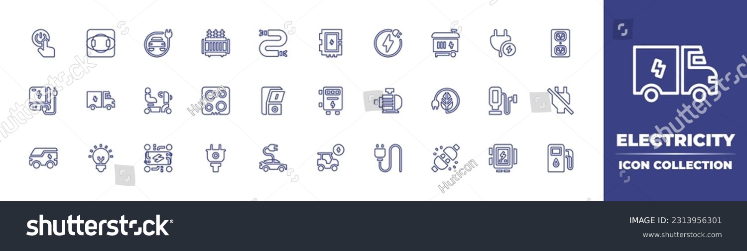 SVG of Electricity line icon collection. Editable stroke. Vector illustration. Containing power button, plugin, electric transport, electrical, wire, fuse box, electricity, generator, plug, electric outlet. svg