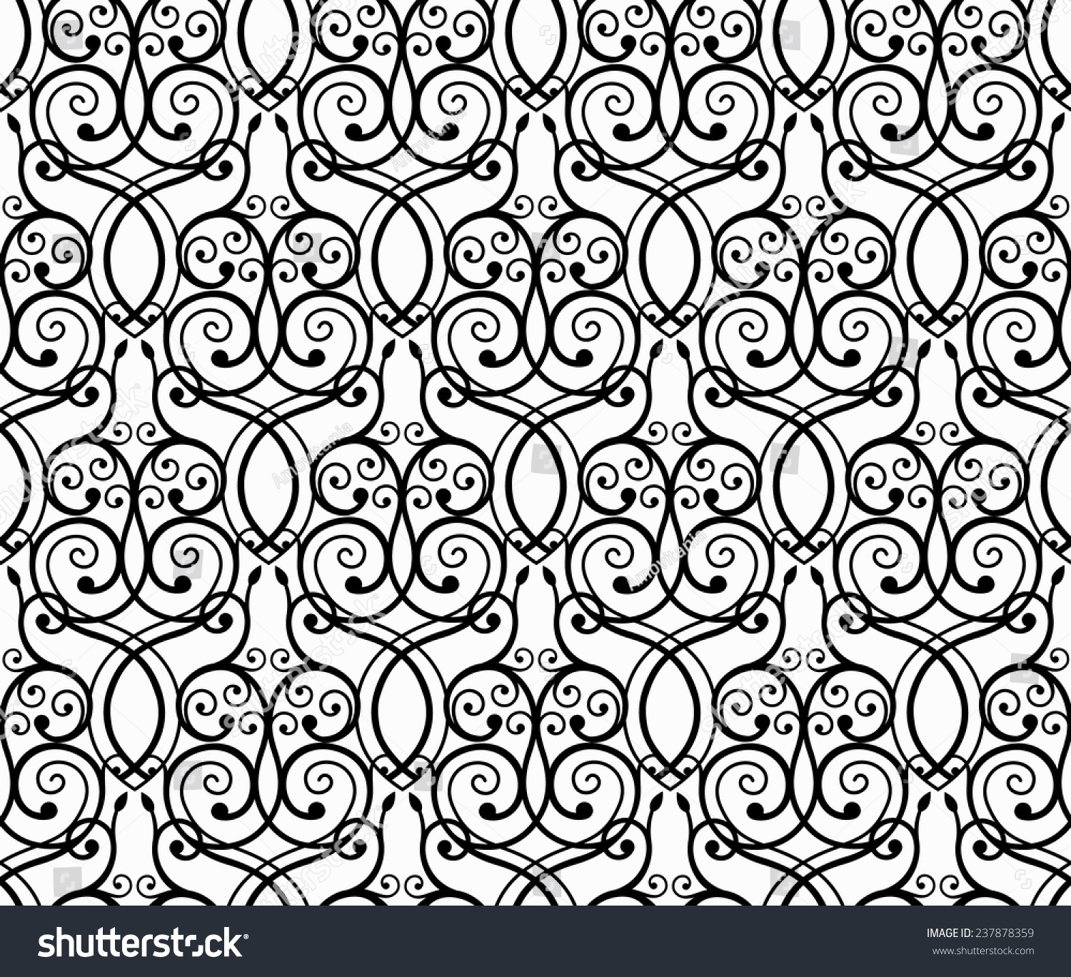 Elegant Black Forged Fretwork Seamless Pattern From Curves With Floral ...