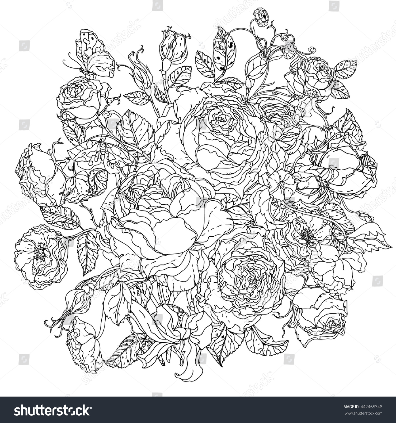 Elegant Bouquet Shaped Contoured Garden Flowers Leaves Black And