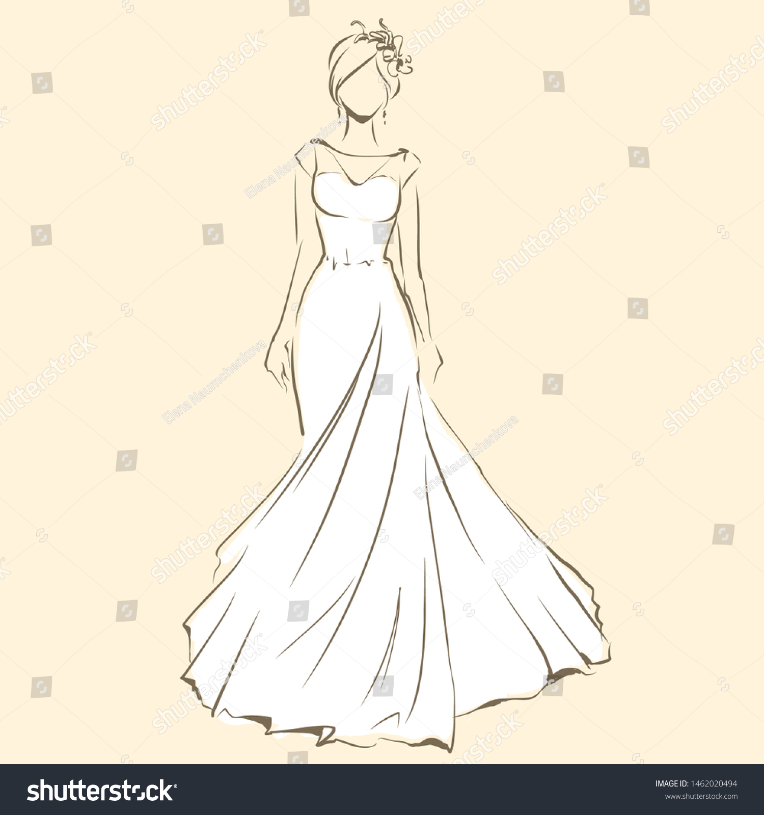 SVG of Elegant bride in beautiful dress. Standing and posing. Sketch slender silhouette of woman, line artwork for invitation or banner. Vector drawing, freehand svg