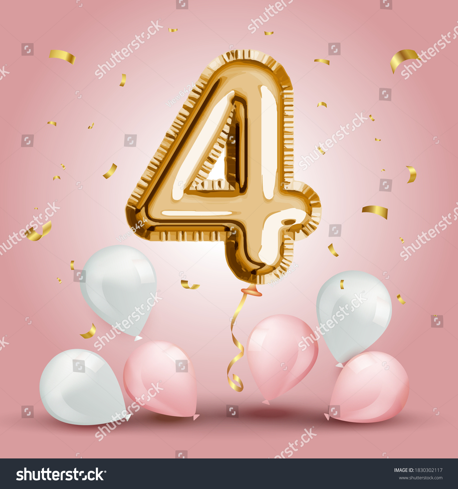 SVG of Elegant Greeting celebration four years birthday. Anniversary number 4 foil gold balloon. Happy birthday, congratulations poster. Golden numbers with sparkling golden confetti. Vector background svg