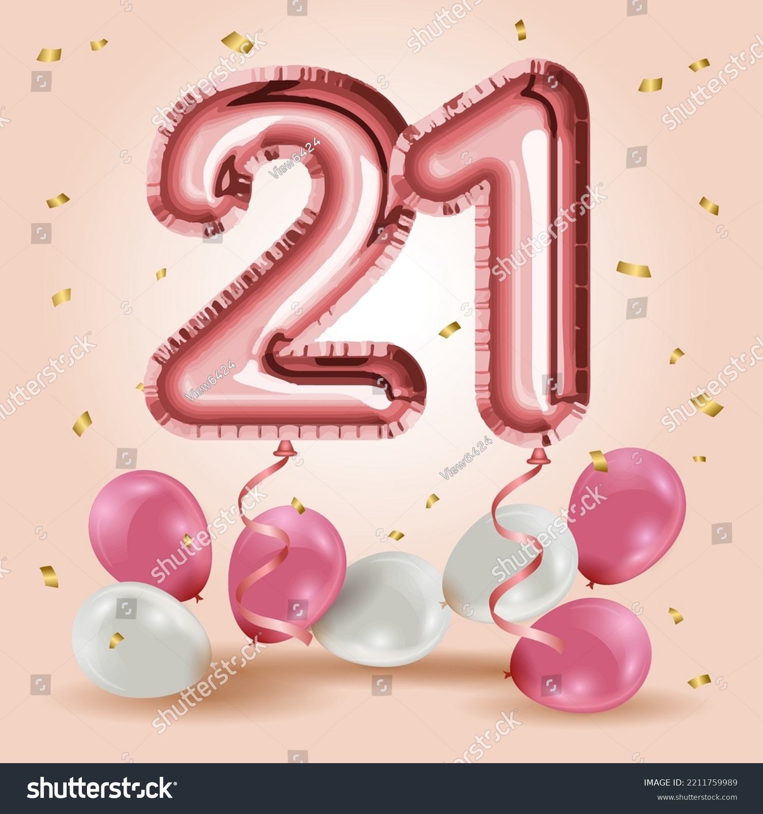 SVG of Elegant Greeting celebration twenty one years birthday. Anniversary number 21 foil rose gold balloons. Happy birthday, congratulations poster. Rose Gold number with sparkling golden confetti. Vector svg