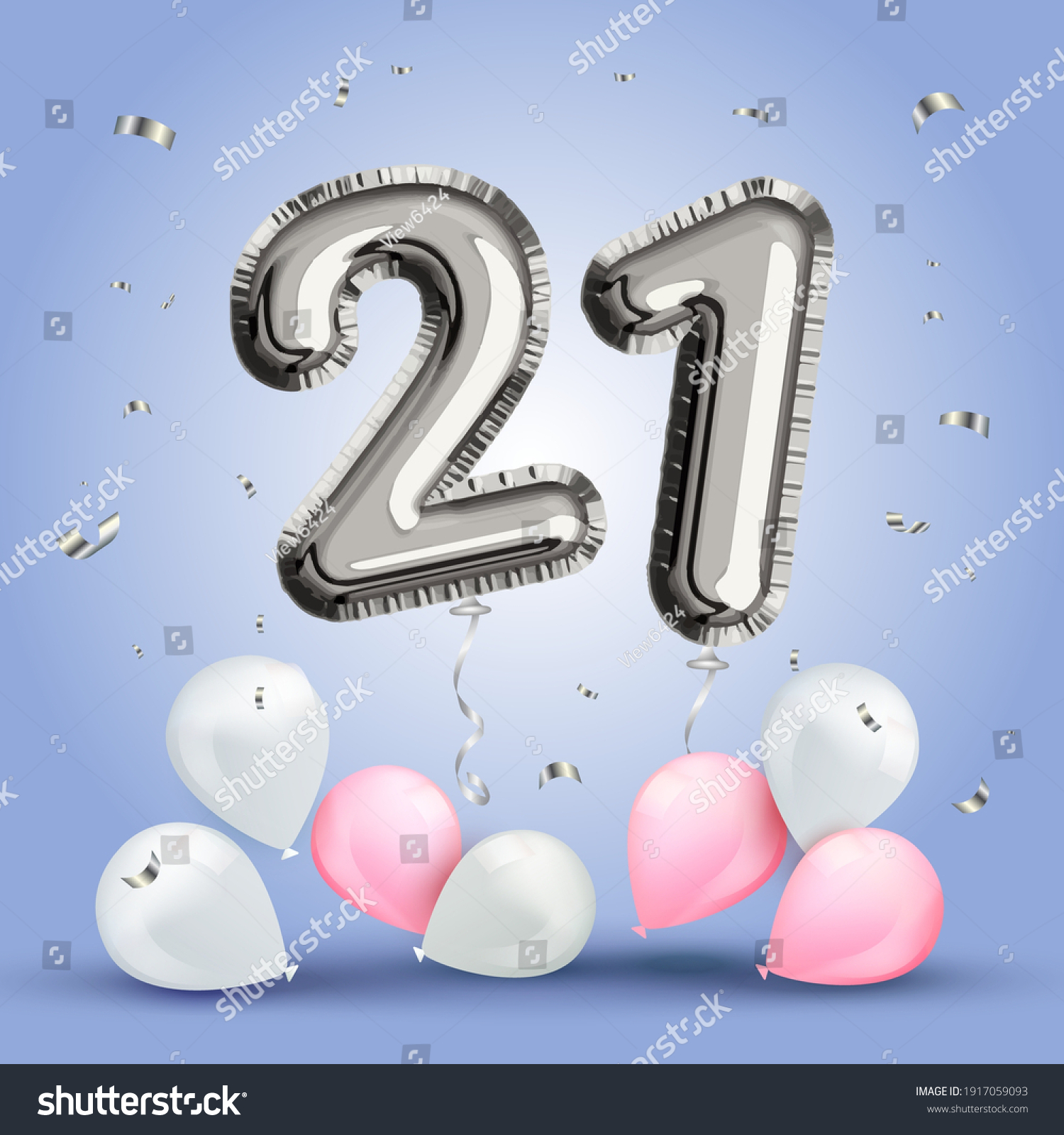 SVG of Elegant Greeting celebration twenty one years birthday. Anniversary number 21 foil silver balloon. Happy birthday, congratulations poster. Silver numbers with sparkling silver confetti. Vector svg