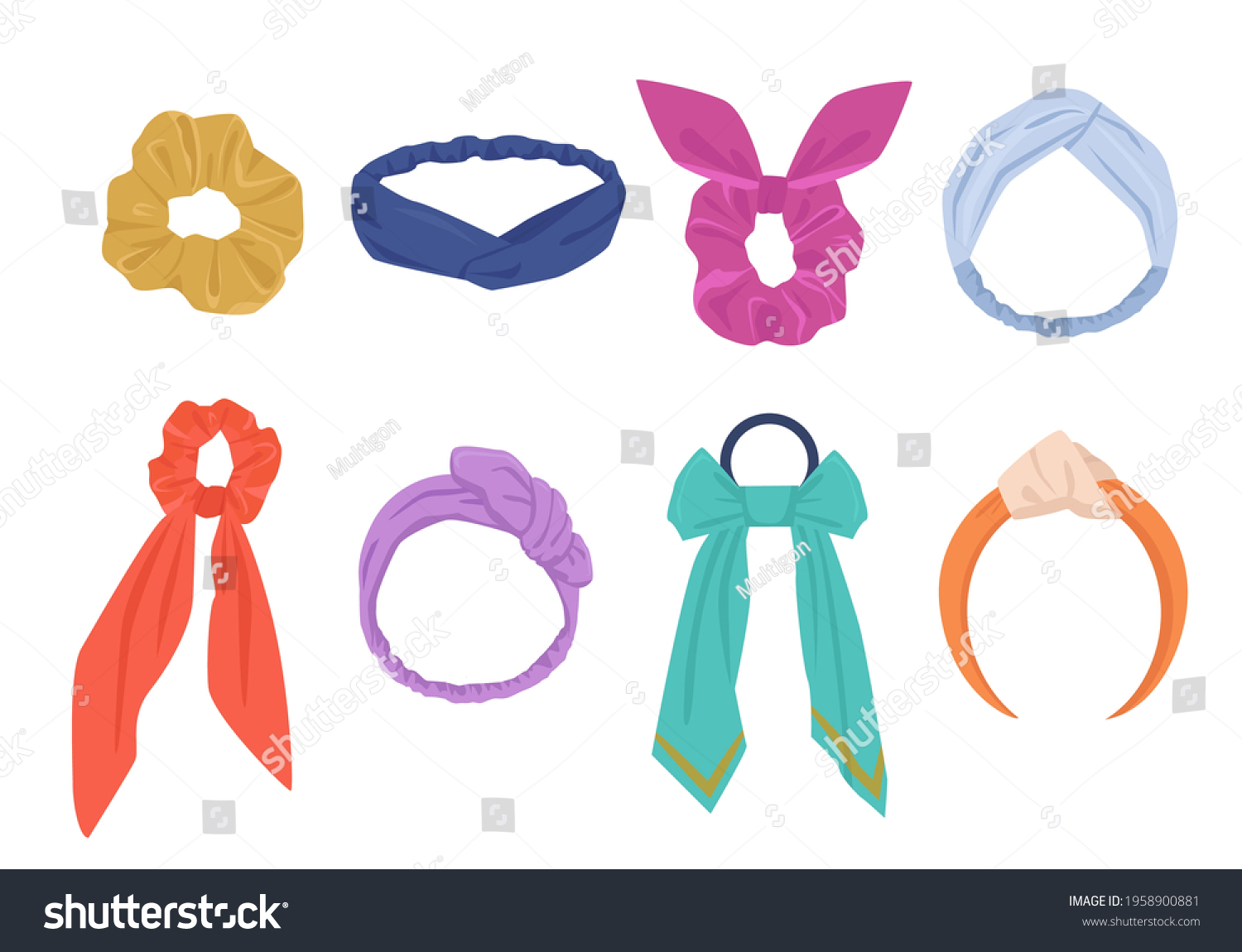 SVG of Elegant hair ties and hoops set. Fashionable womens yellow accessory with hanging blue ribbons stylish purple headband and vintage orange bandana with elastic inserts. Vector fashion. svg