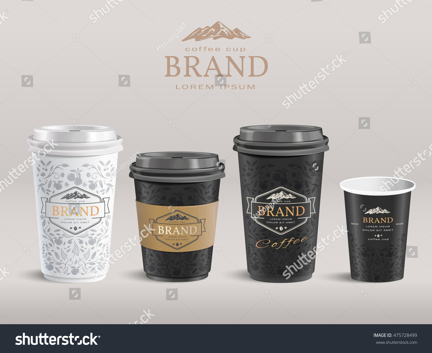 Elegant paper coffee cup design takeaway cup packaging set with labels 3d illustration