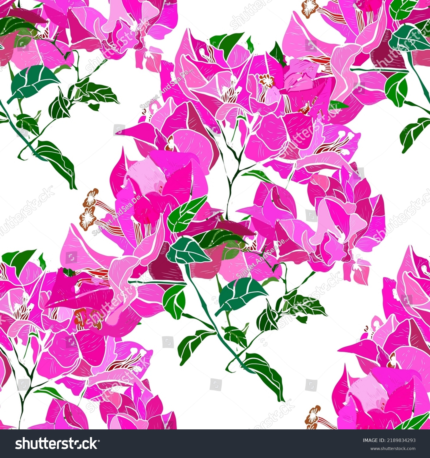 SVG of Elegant seamless pattern with pink bougainvillea flowers, design elements. Floral  pattern for invitations, cards, print, gift wrap, manufacturing, textile, fabric, wallpapers svg