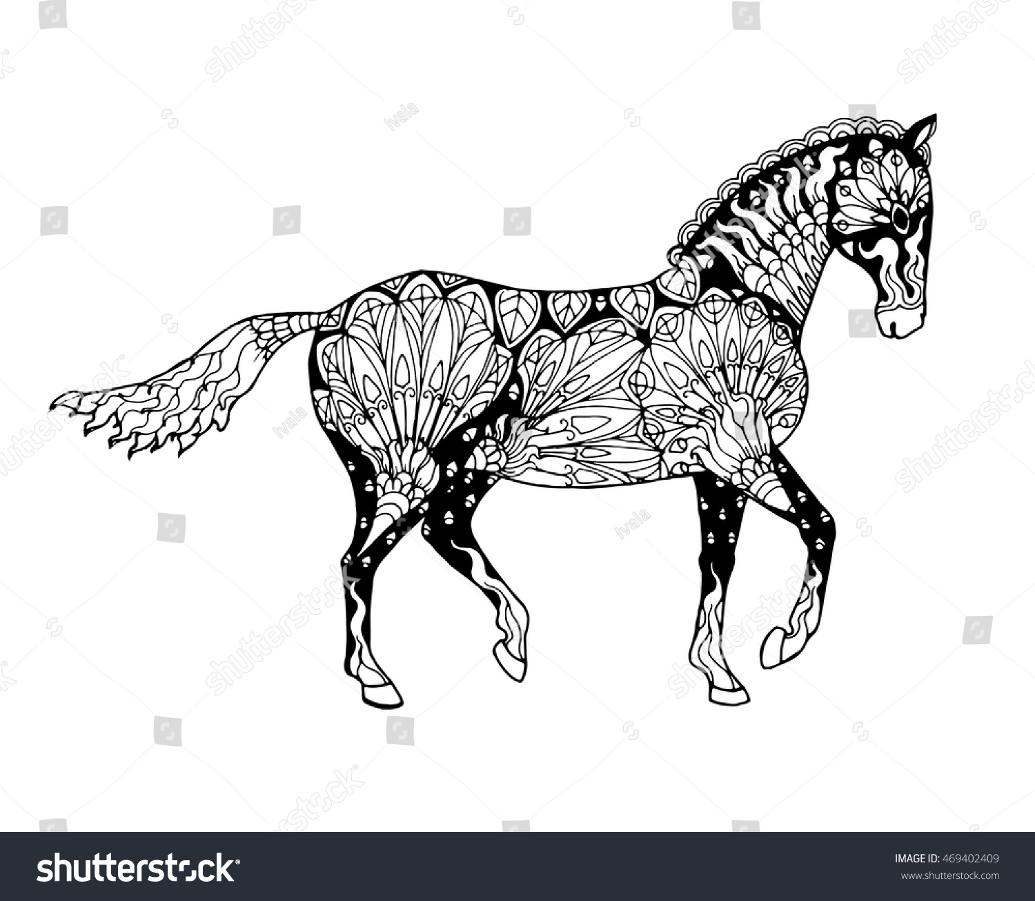 Elegant Walking Zentangle Patterned Horse Doodle Stock Vector