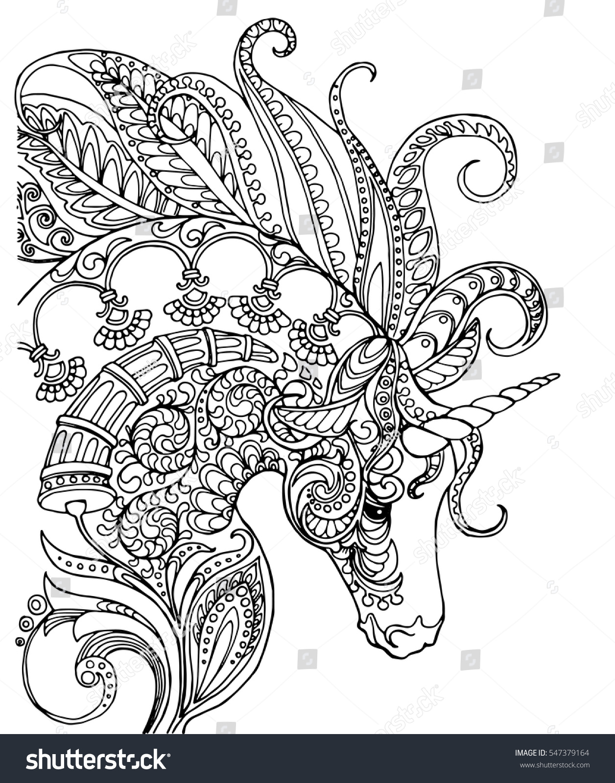 Elegant Zentangle Patterned Unicorn Doodle Page Stock Vector ...