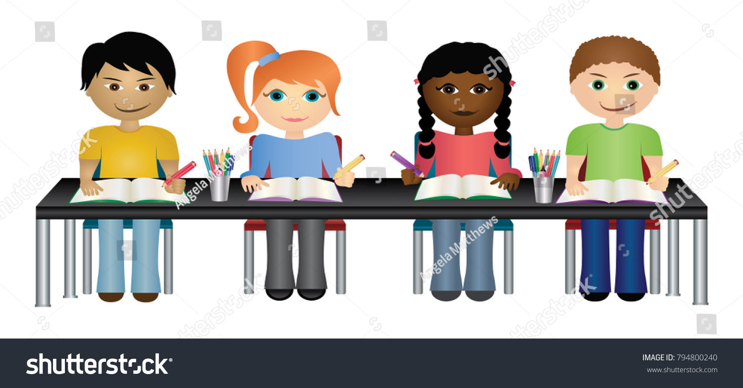 Elementary School Students Writing Their Desk Stock Vector