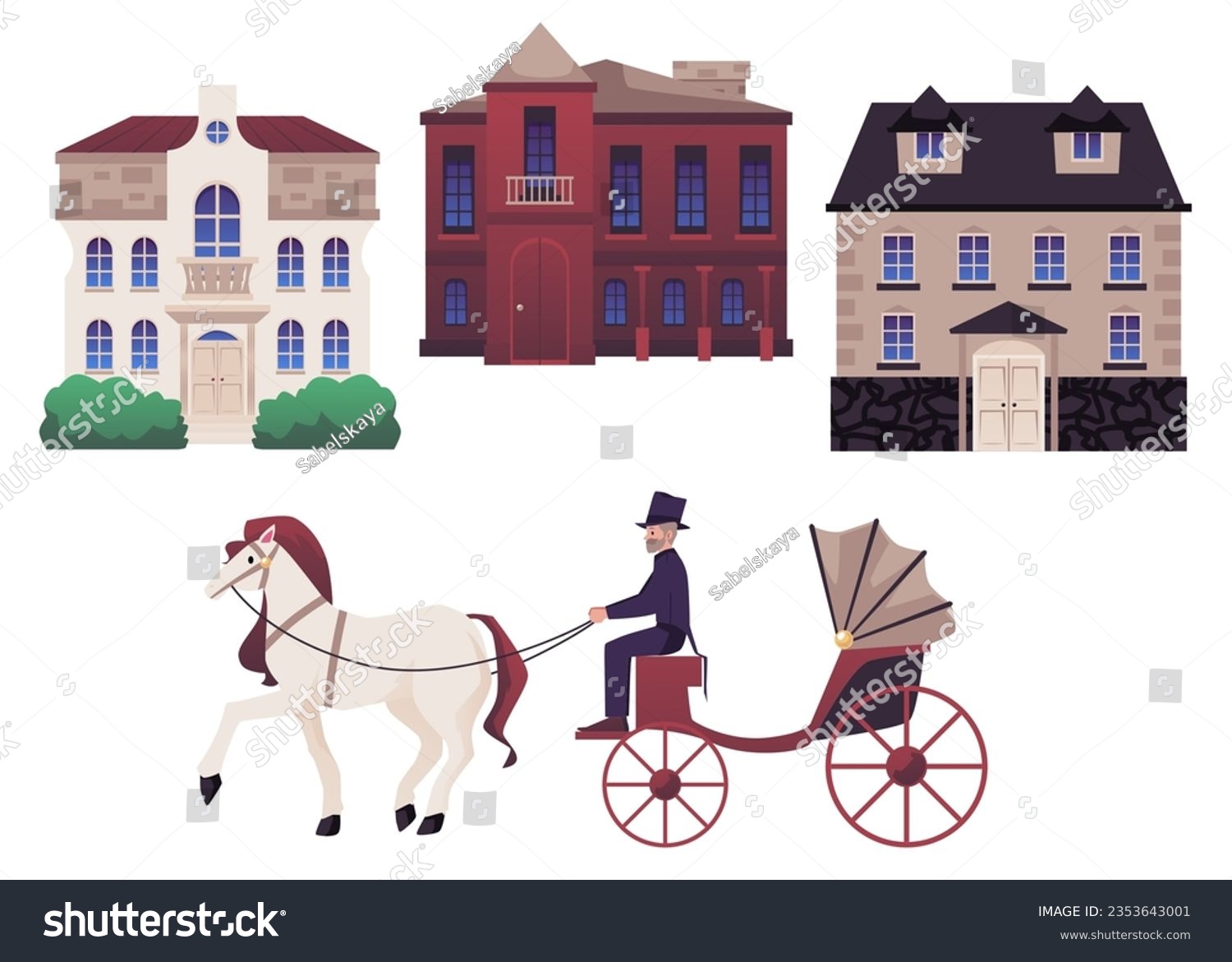 SVG of Elements of Victorian city vector illustrations set. Buildings and castles, transport, carriage with white horse isolated on white background. Historical architecture concept of 19th, 18th century svg