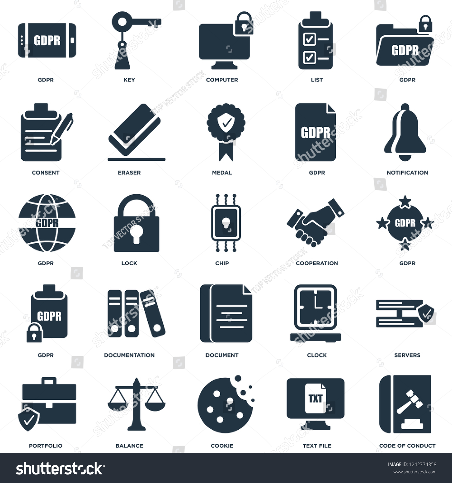SVG of Elements Such As Code of conduct, GDPR, Notification, Key, Portfolio, Eraser, Clock, GDPR icon vector illustration on white background. Universal 25 icons set. svg