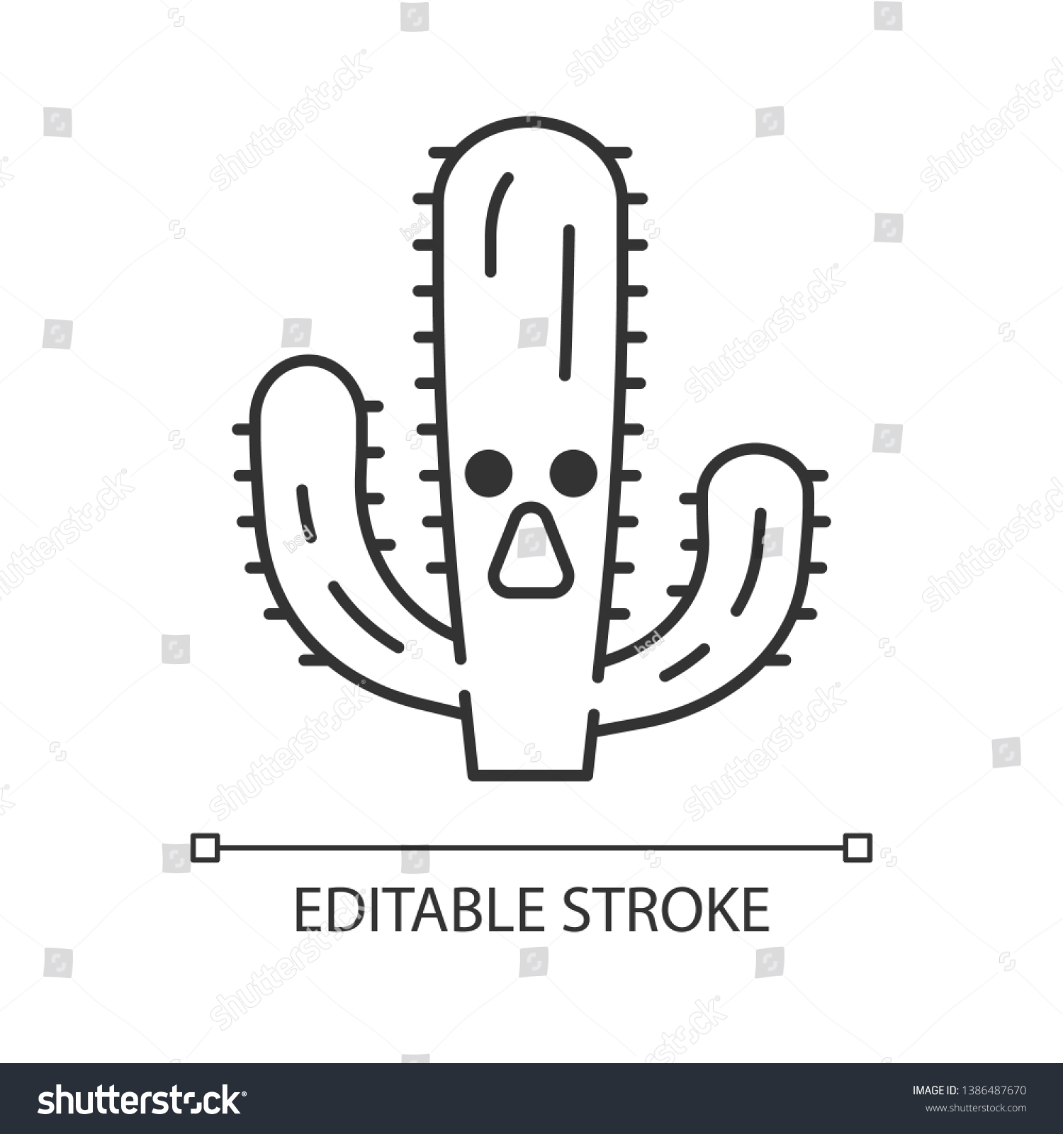 SVG of Elephant cactus cute kawaii linear character. Pachycereus with astonished face. Wild cacti. Mexican giant cardon. Amazed plant. Thin line icon. Vector isolated outline illustration. Editable stroke svg