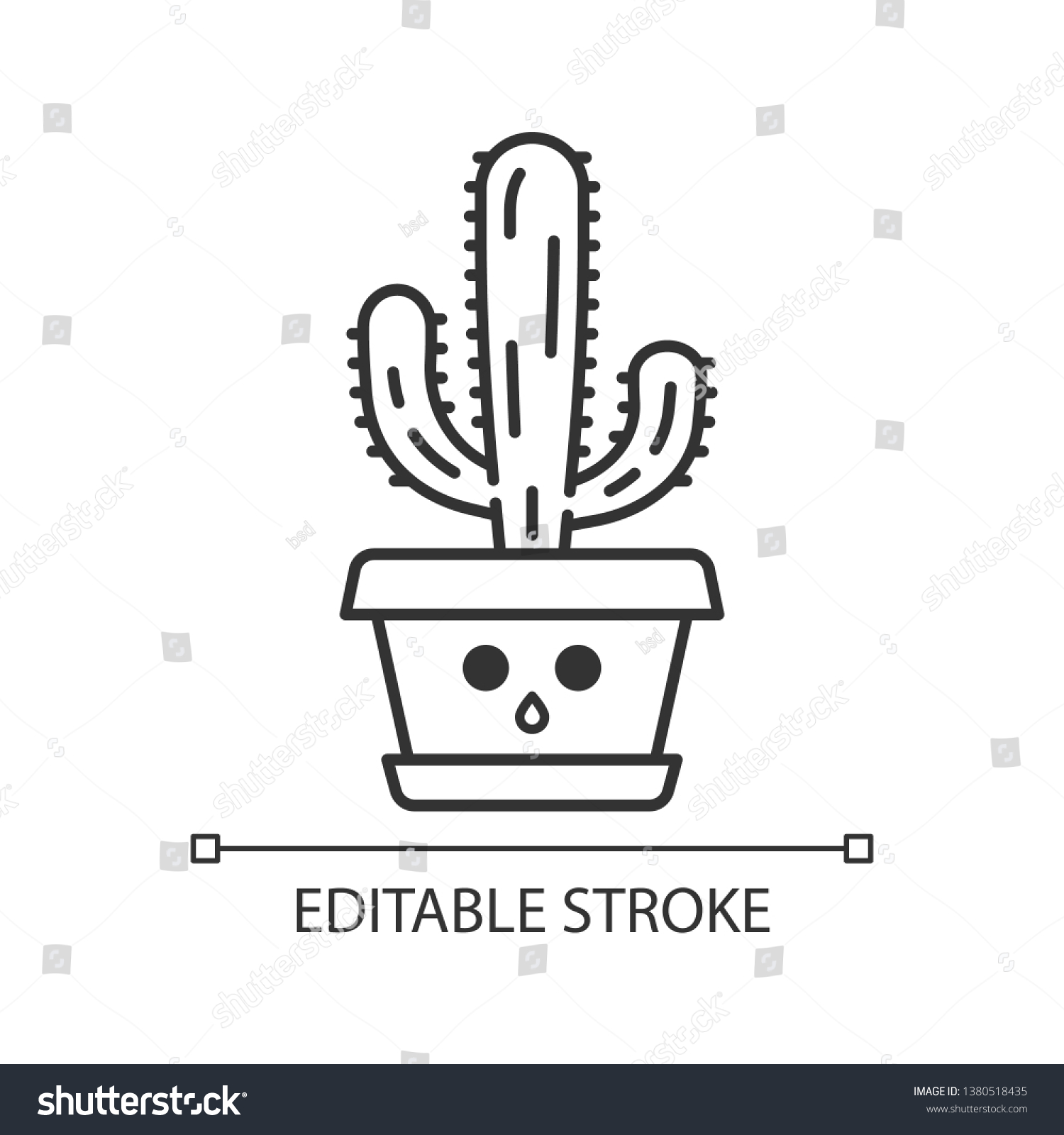 SVG of Elephant cactus cute kawaii linear character. Pachycereus with hushed face. Home cacti in pot. Mexican giant cardon. Amazed plant. Thin line icon. Vector isolated outline illustration. Editable stroke svg