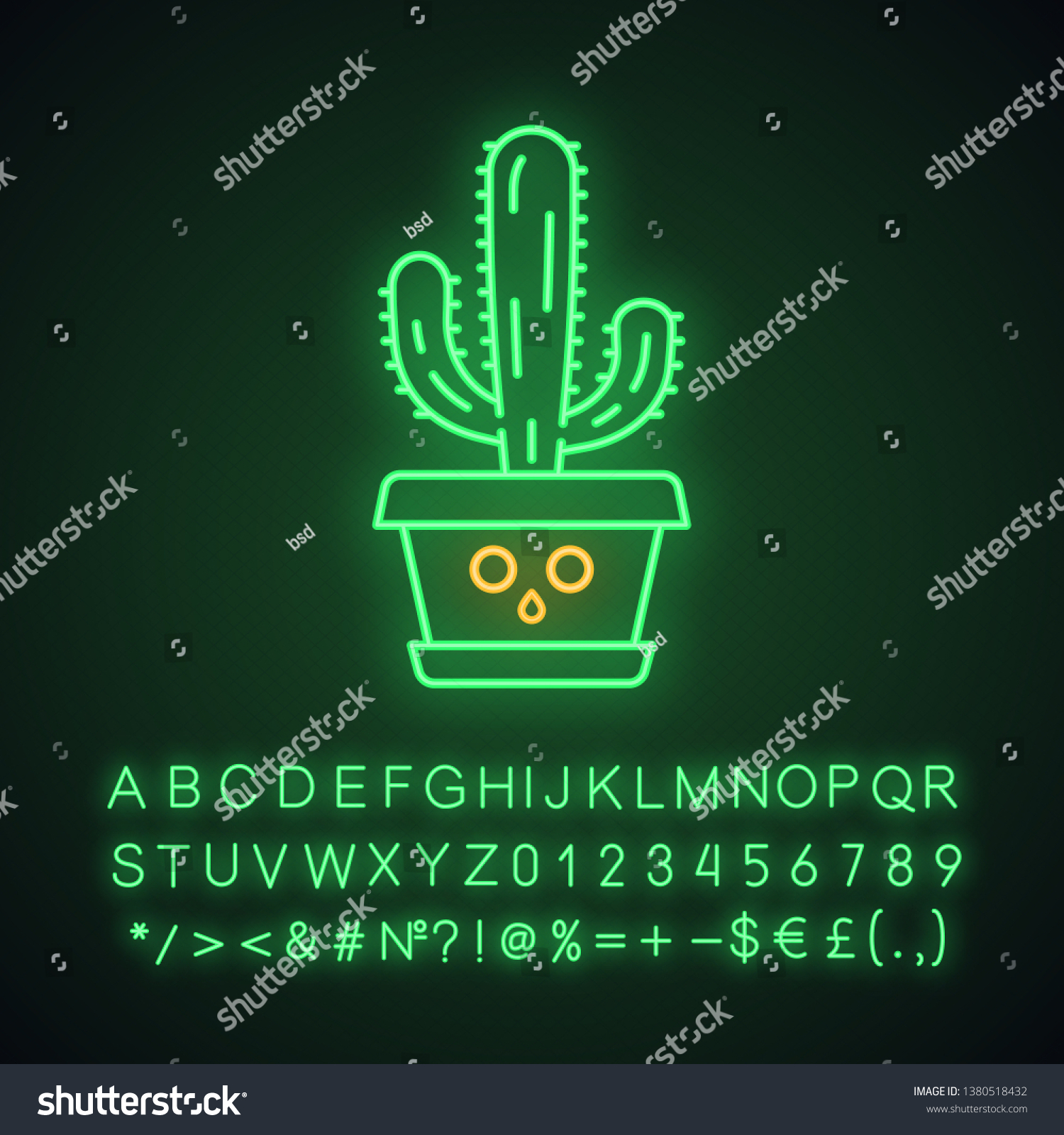 SVG of Elephant cactus cute kawaii neon light character. Pachycereus with hushed face in pot. Mexican giant cardon. Funny emoji, emoticon. Glowing icon with alphabet, symbols. Vector isolated illustration svg
