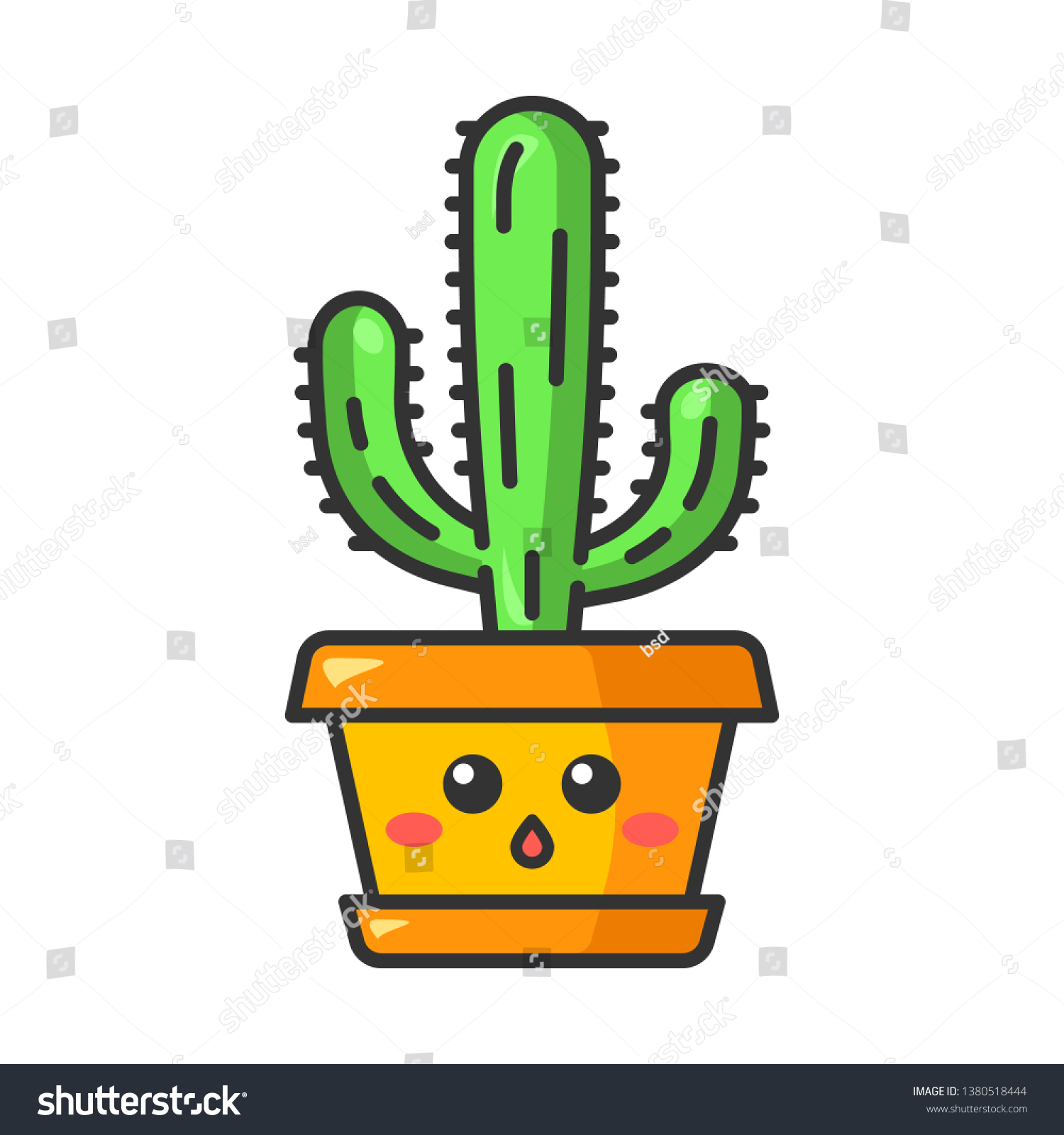 SVG of Elephant cactus cute kawaii vector character. Pachycereus with hushed face. Home cacti in pot. Mexican giant cardon. Amazed plant. Funny emoji, emoticon. Isolated cartoon color illustration svg