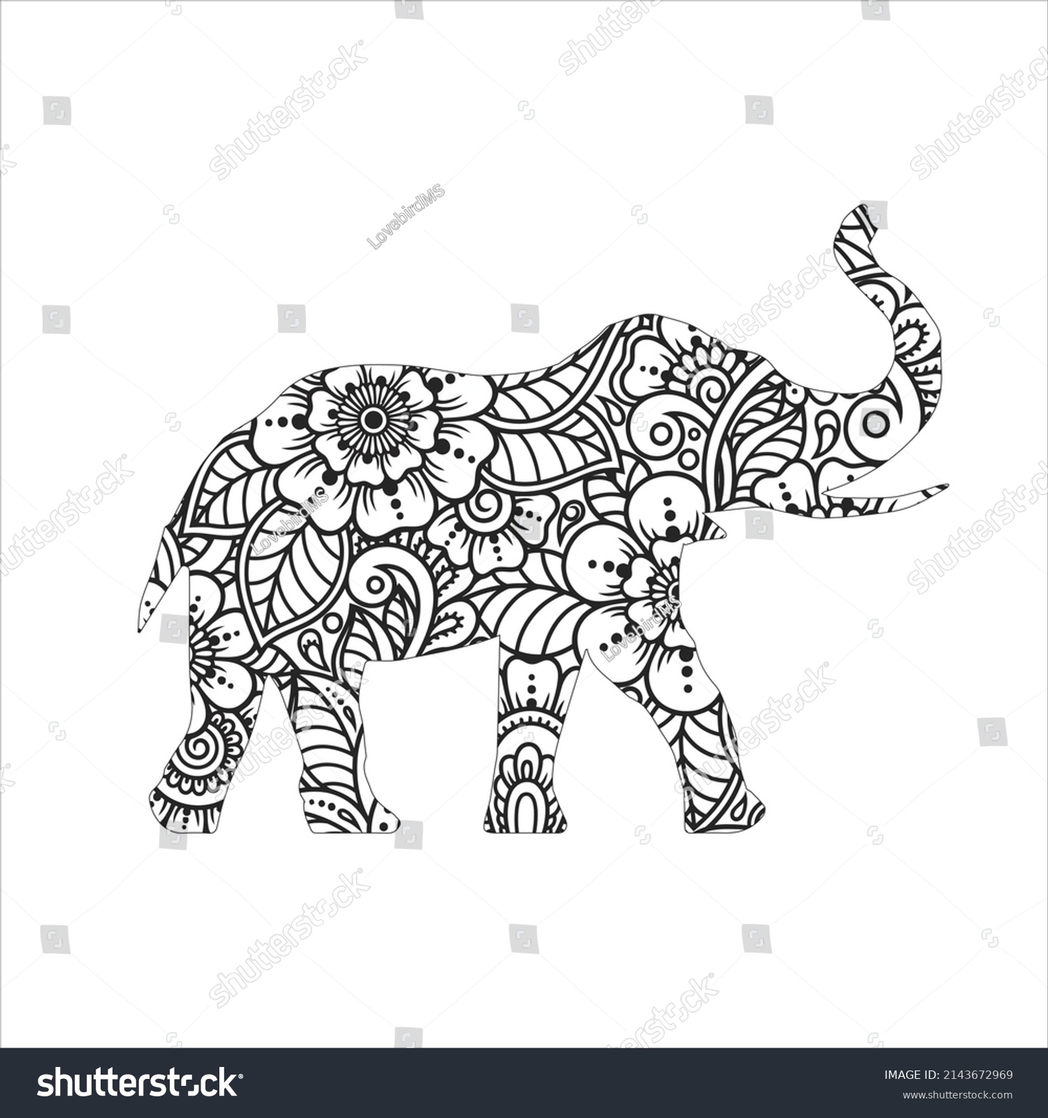SVG of Elephant card. Frame of animal made in vector. Illustration for design, pattern Hand drawn with Elephant and mandala. Use for children clothes, t shirt designs ,Decorative elephant illustration svg