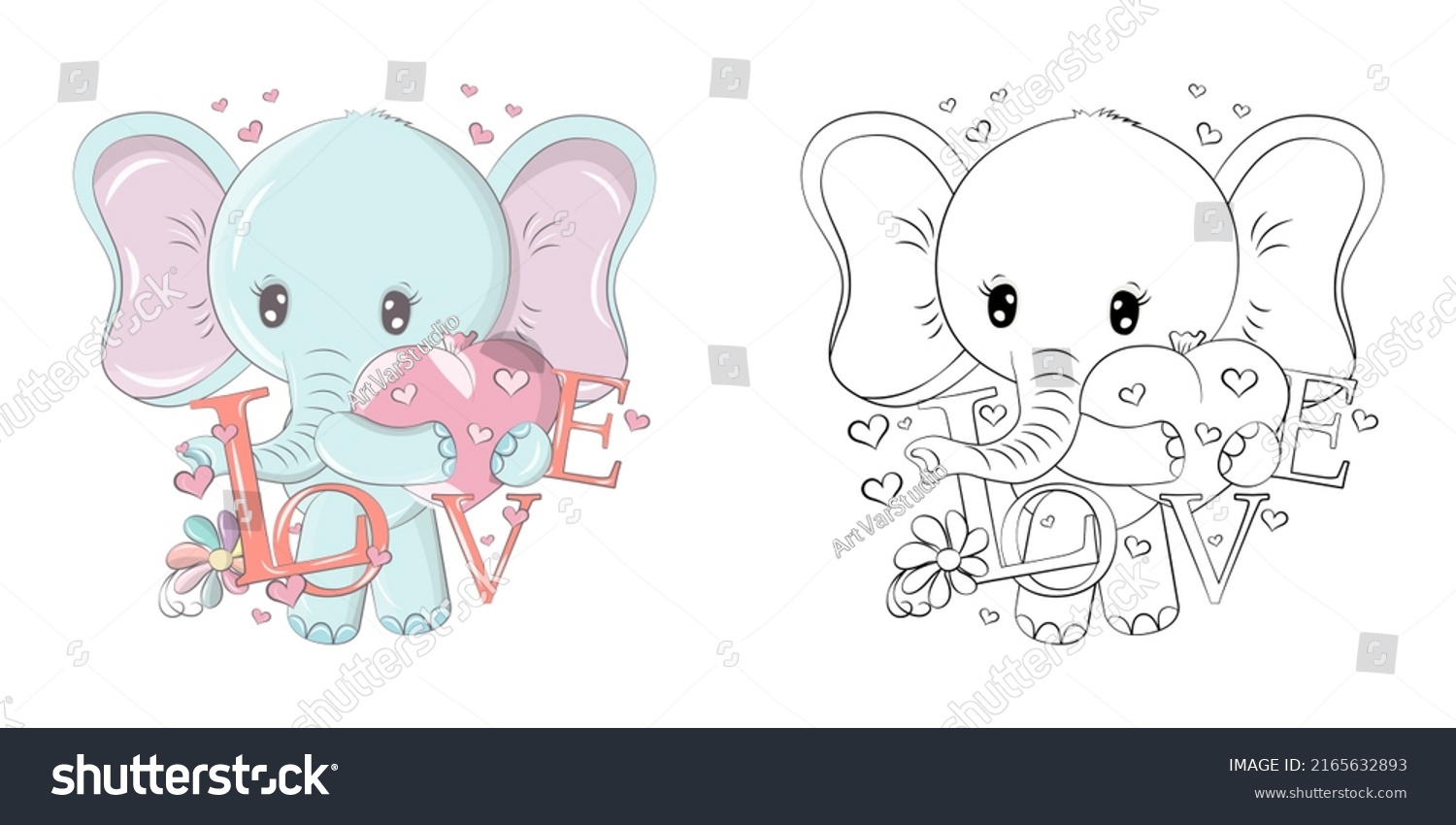 SVG of Elephant Clipart Multicolored and Black and White. Beautiful Clip Art Elephant with Balloon. Vector Illustration of an Animal for Prints for Clothes, Stickers, Baby Shower, Coloring Pages svg