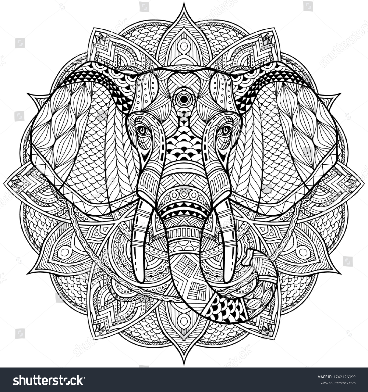 SVG of Elephant. Coloring is hand-drawn in the style of Zentangle, Doodle. Full face illustration animal's head black lines on a white background. Ethnic ornaments Indian, Mexican. Vector abstract background svg