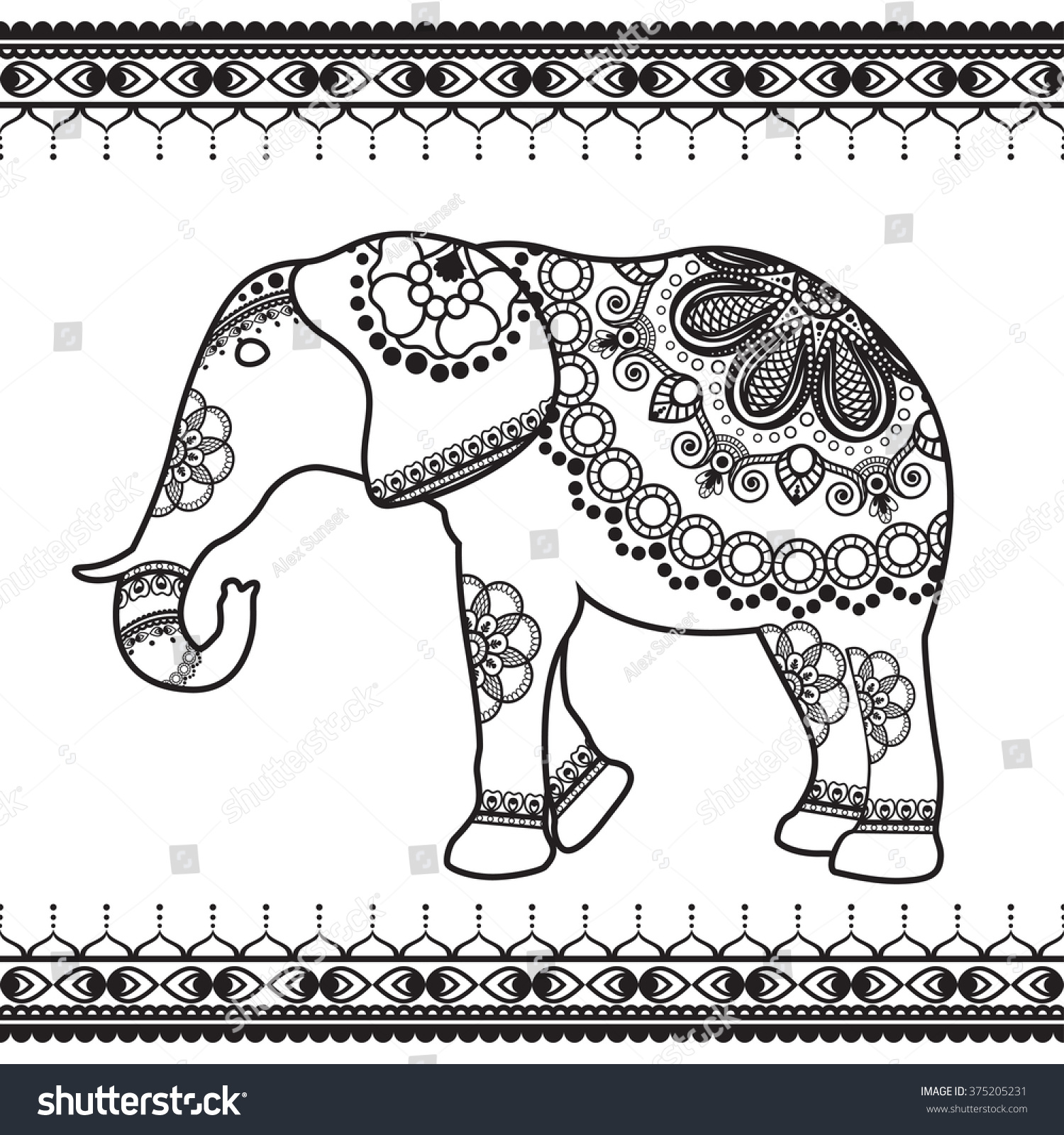 Elephant With Border Elements In Ethnic Mehndi Style Vector Black And White Illustration Isolated On