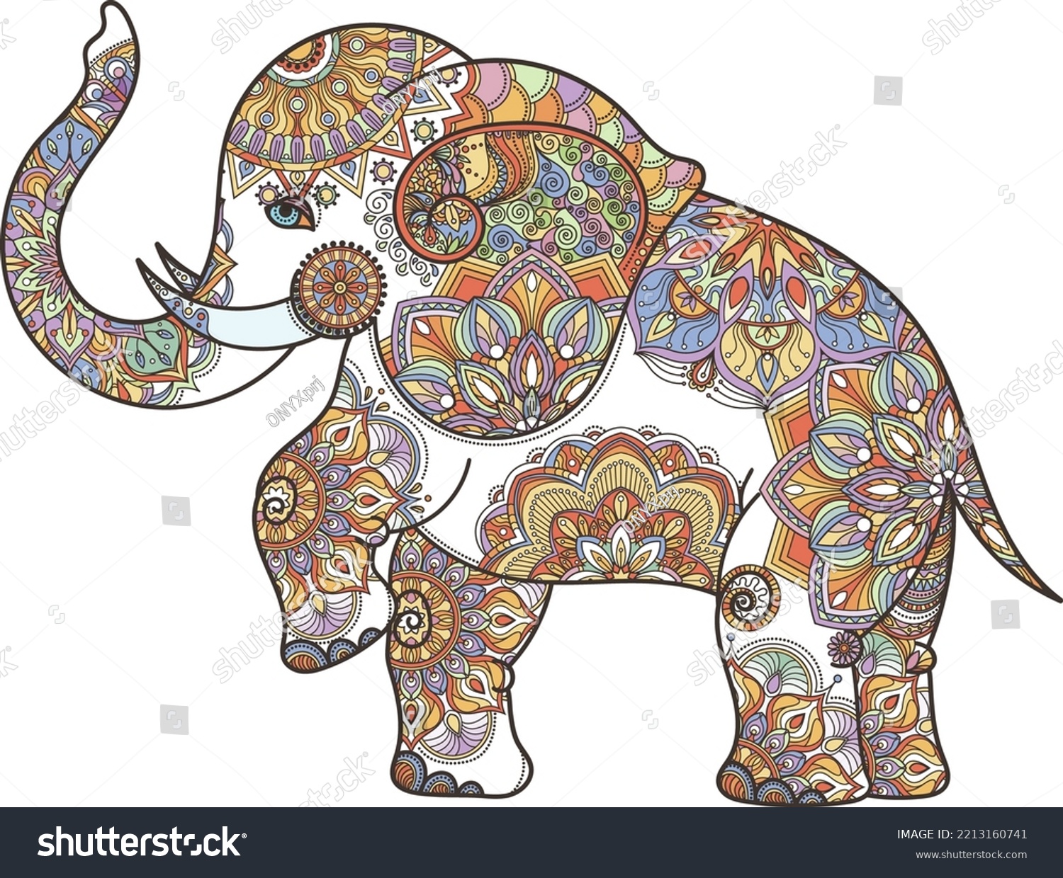 SVG of Elephant with mandala ornament. Asian zentangle coloring book animal svg