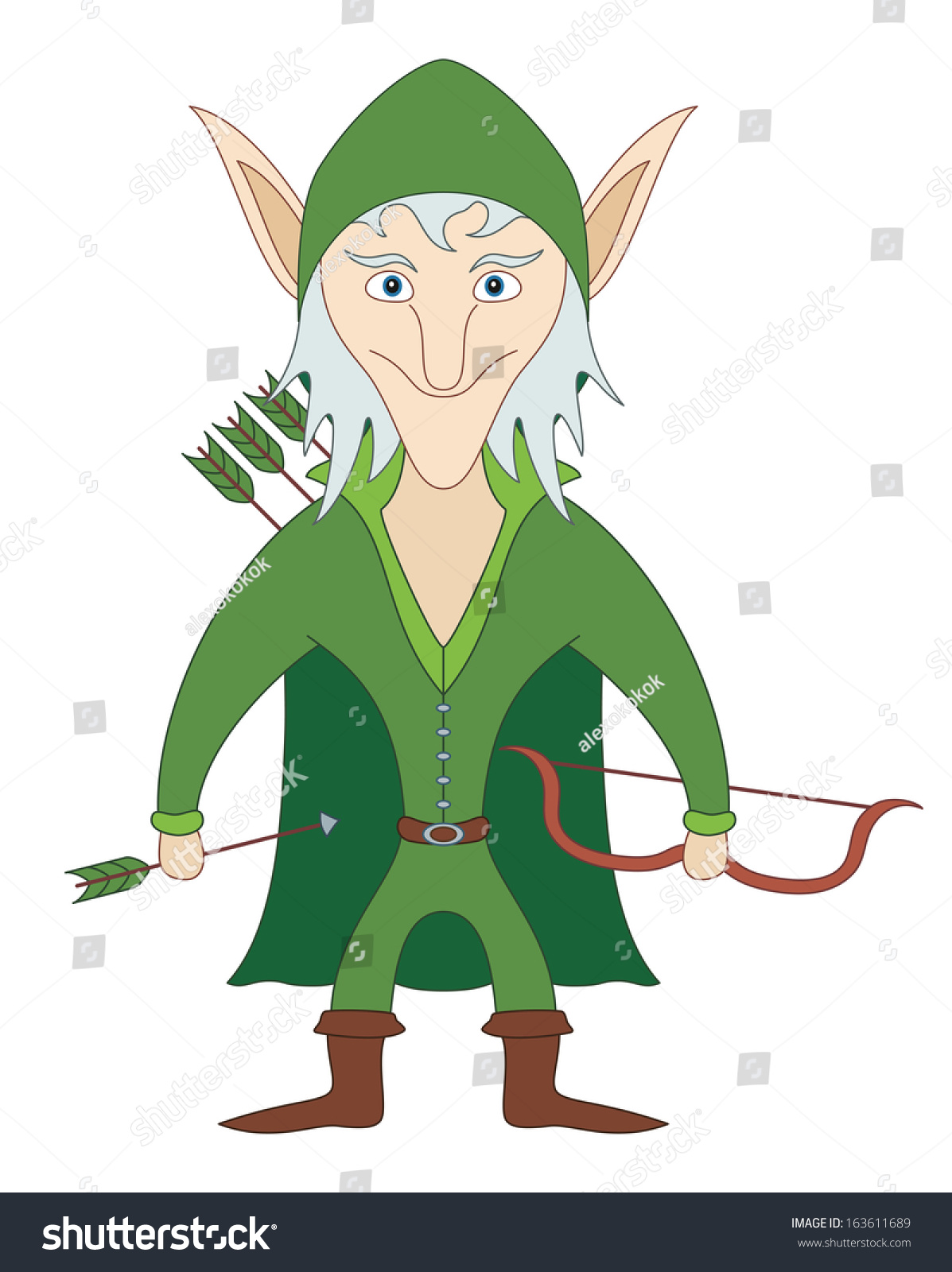 Elf Archer Standing With Bow And Arrows And Smiling, Funny Comic ...