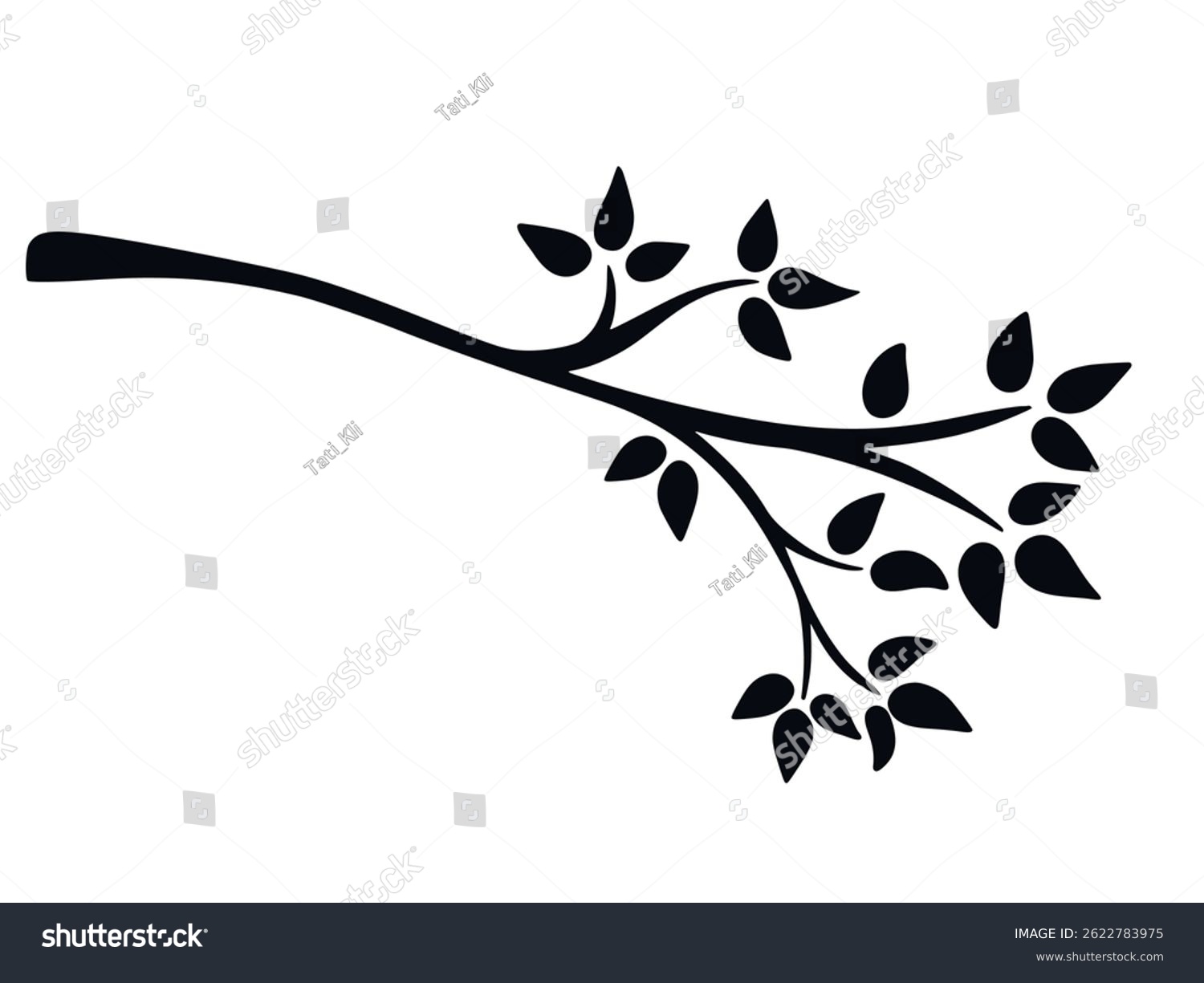 recommend clip art: Elongated tree branch icon doodle sketch style. Branch with leaves black silhouette on white background. Ink leafy twig, vector element